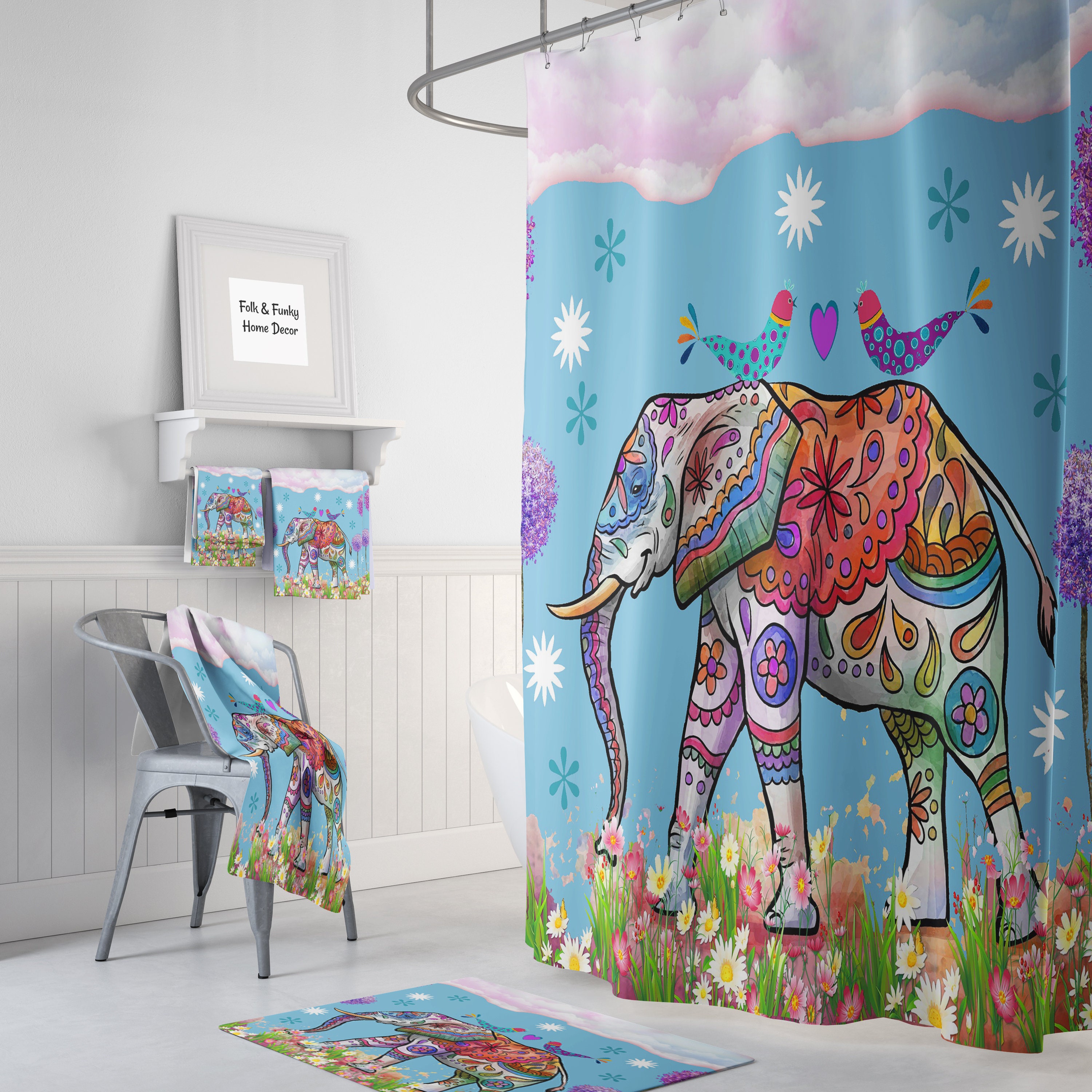 Elephant Shower Curtain, Boho Indie Bathroom Decor with Vintage Shower Curtains Print