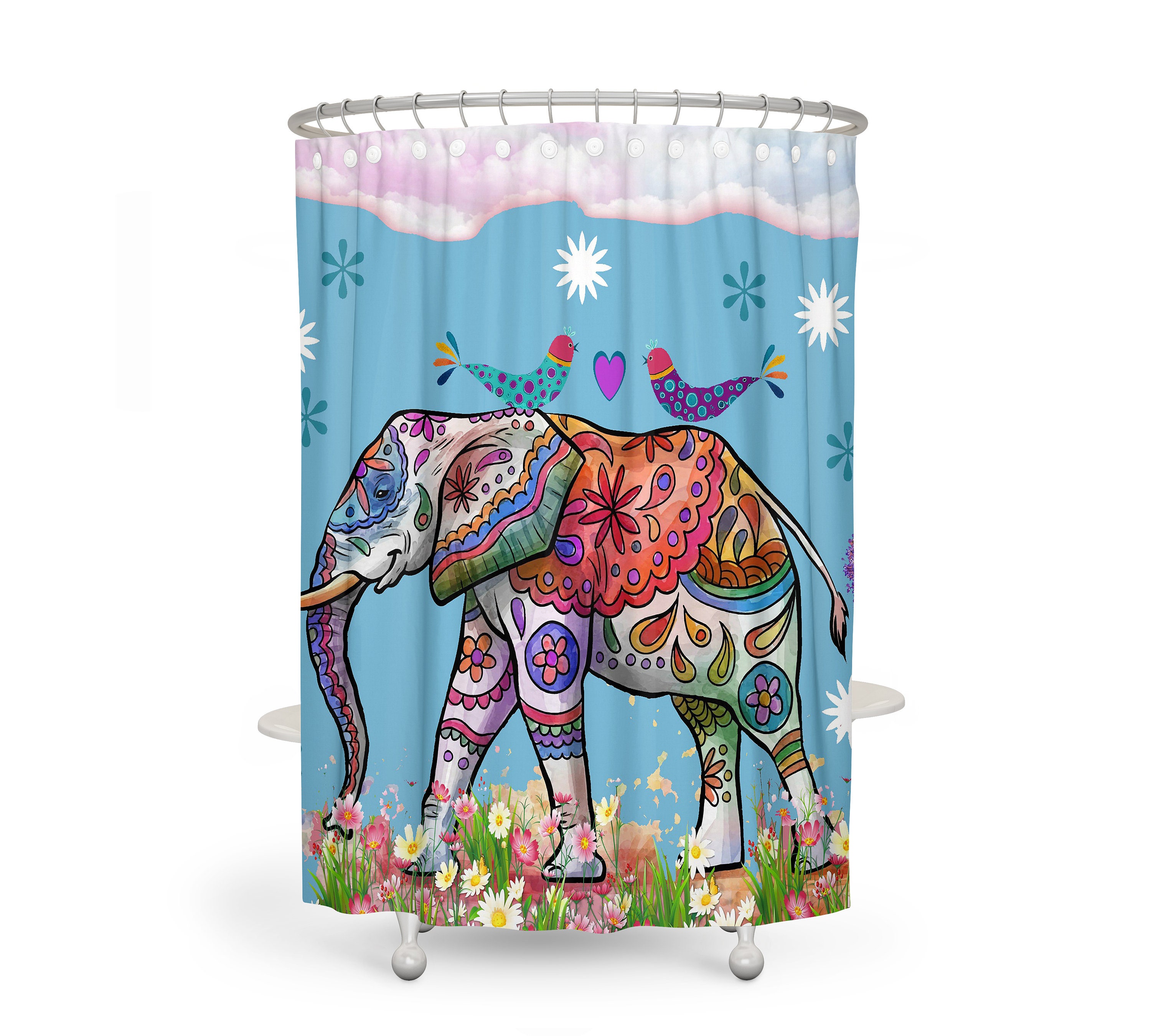 Elephant Shower Curtain, Boho Indie Bathroom Decor with Vintage Shower Curtains Print - Image 2