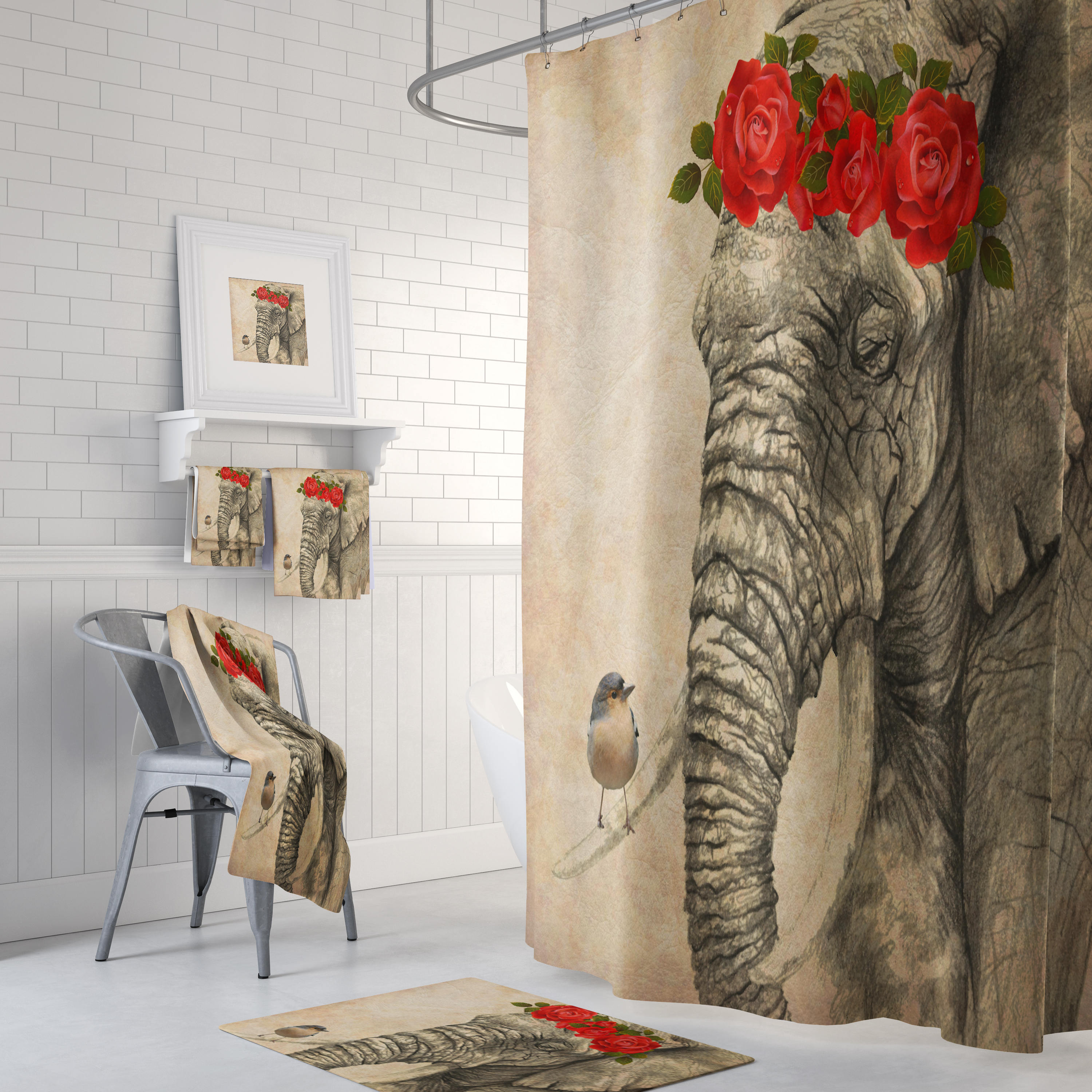 Elephant Shower Curtain with Elegant Vintage Floral Accents