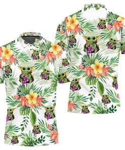 Elevate your wardrobe with our Breathable Fabric and Seamless Tropical Green Leaves Baby Yoda Hugging Grapes Polo Shirt