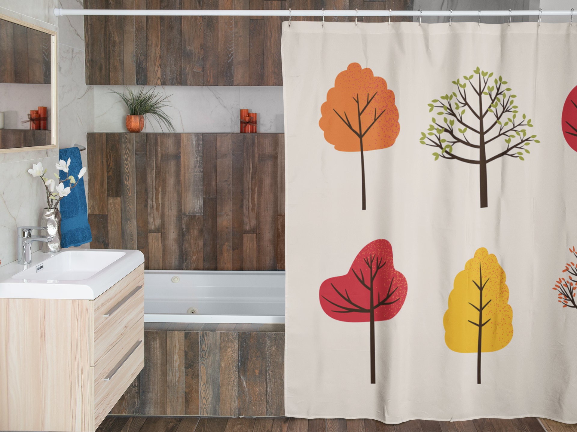 Embrace the beauty of nature with this Vibrant Trees Shower Curtain - Image 3