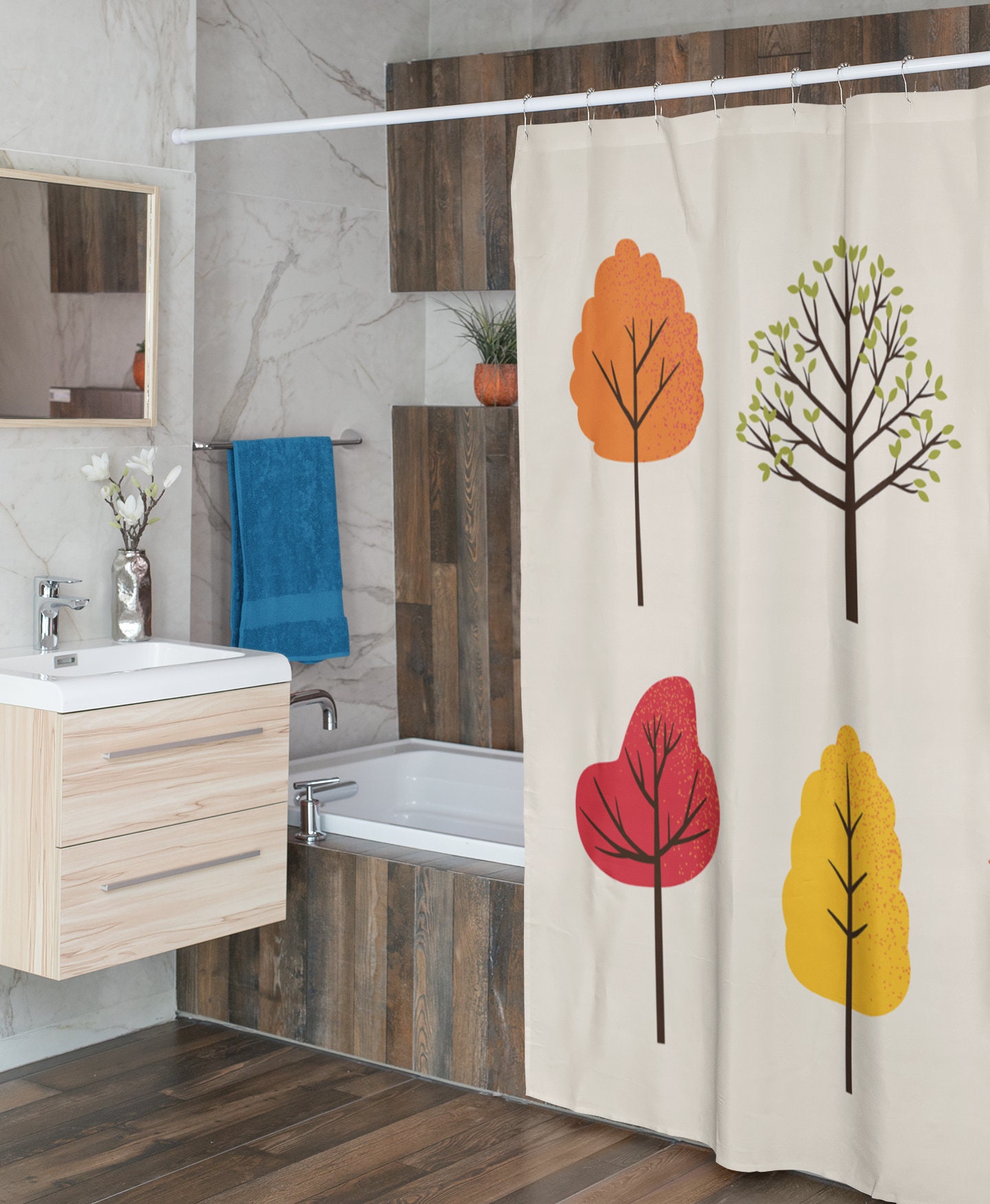 Embrace the beauty of nature with this Vibrant Trees Shower Curtain - Image 4