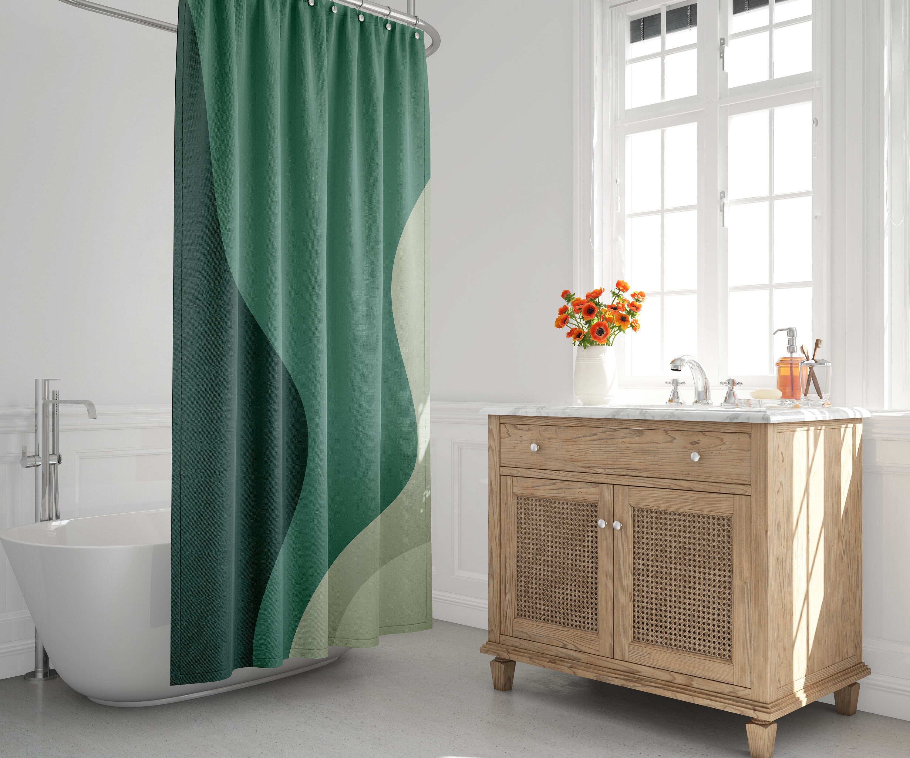 Emerald Ombre Wavy Scandinavian Abstract Shower Curtain - Minimalist Mid Century Modern and Contemporary Decor