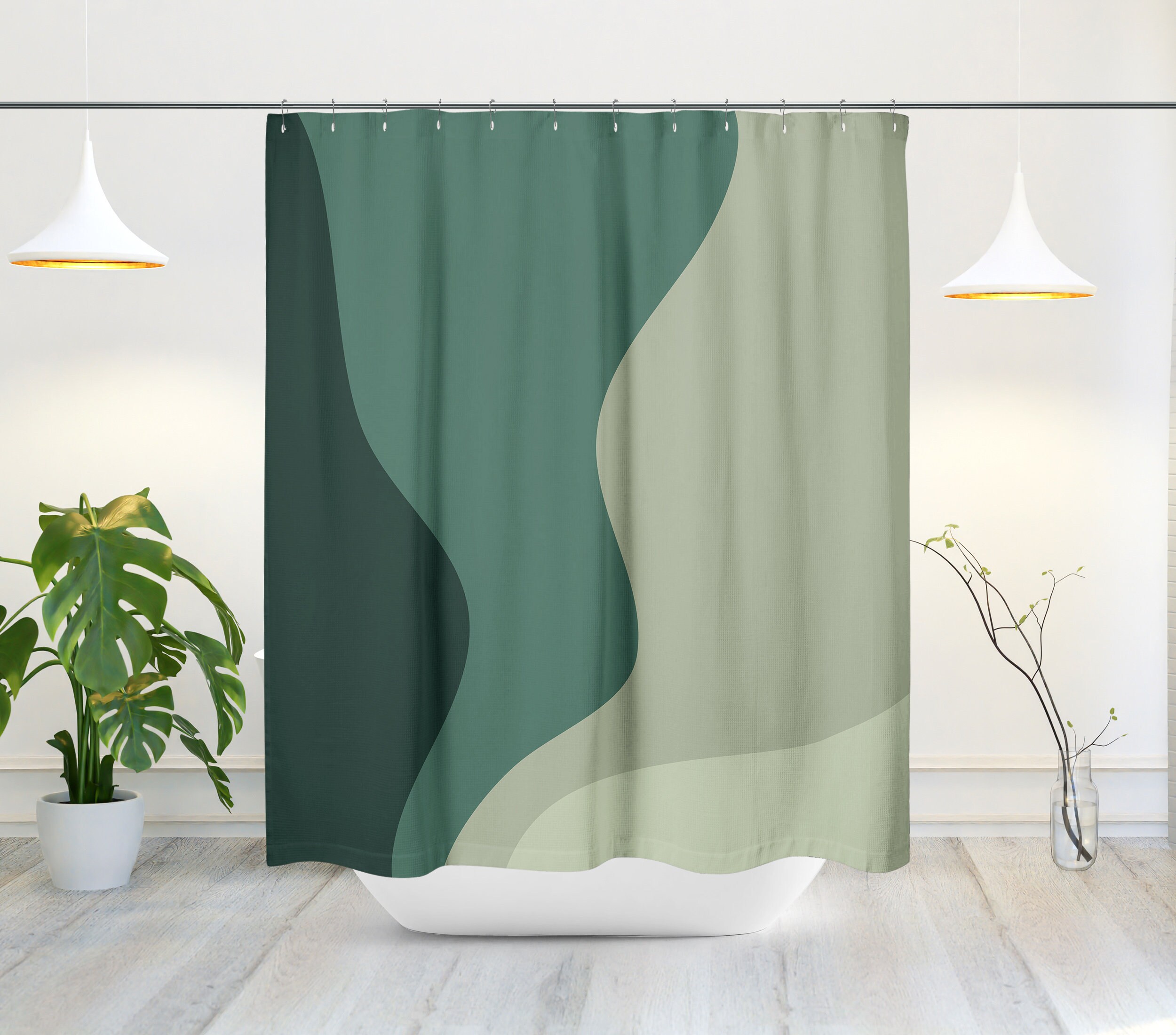 Emerald Ombre Wavy Scandinavian Abstract Shower Curtain - Minimalist Mid Century Modern and Contemporary Decor - Image 2