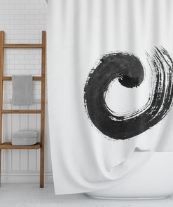 Enso Zen Circle Shower Curtain, Japanese Brushstroke Bath Curtain, Black on White Asian Oriental Boho Eclectic Design