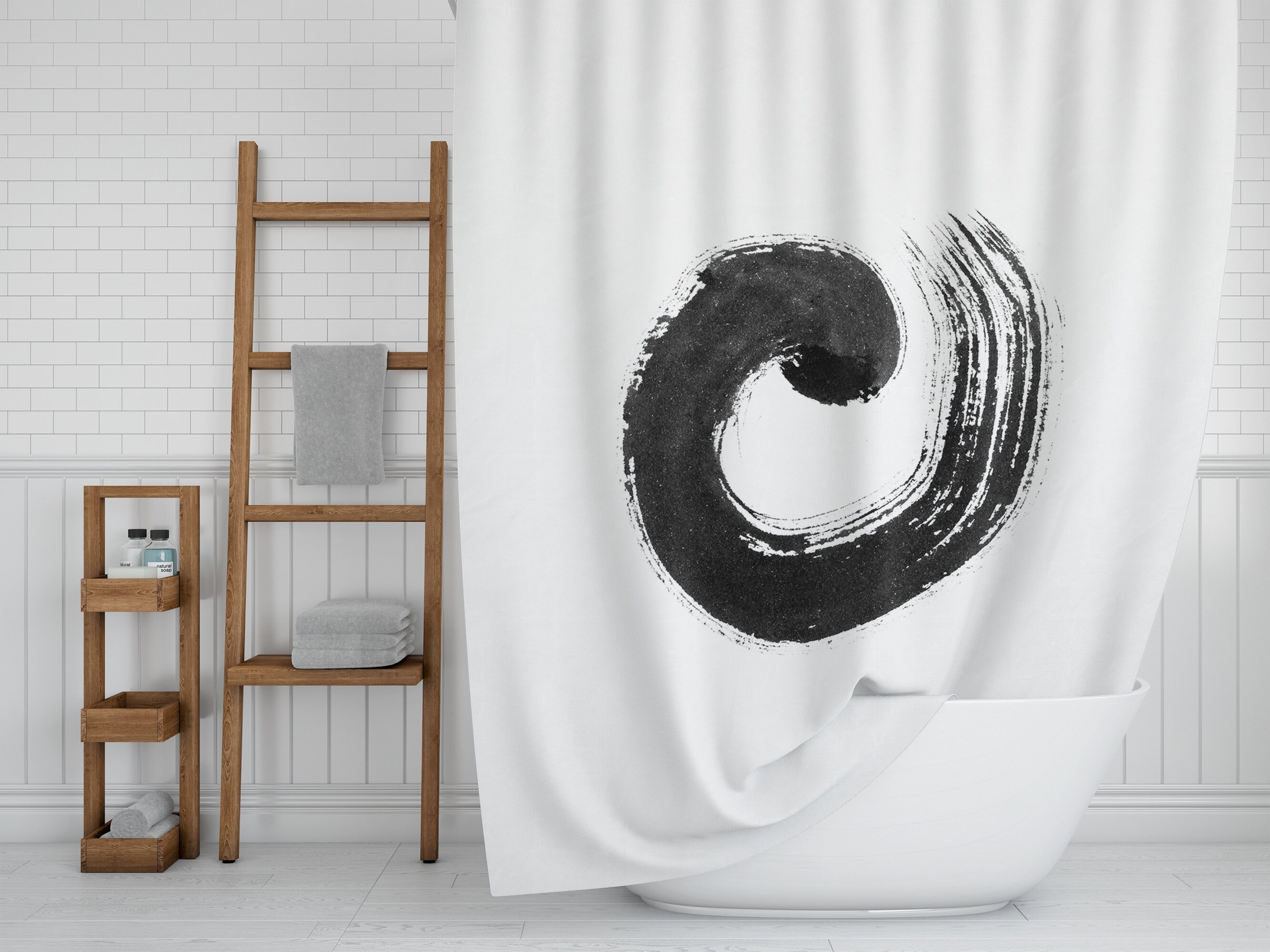 Enso Zen Circle Shower Curtain, Japanese Brushstroke Bath Curtain, Black on White Asian Oriental Boho Eclectic Design