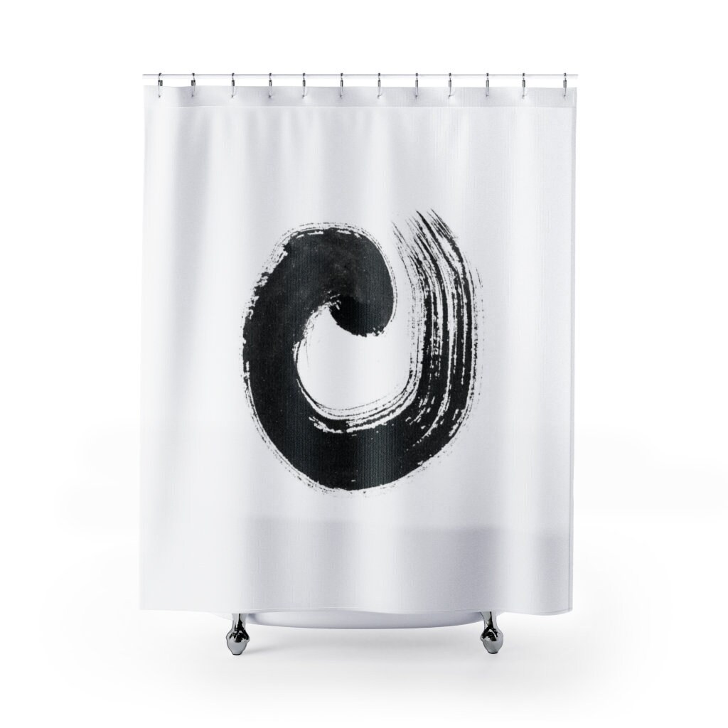 Enso Zen Circle Shower Curtain, Japanese Brushstroke Bath Curtain, Black on White Asian Oriental Boho Eclectic Design - Image 2