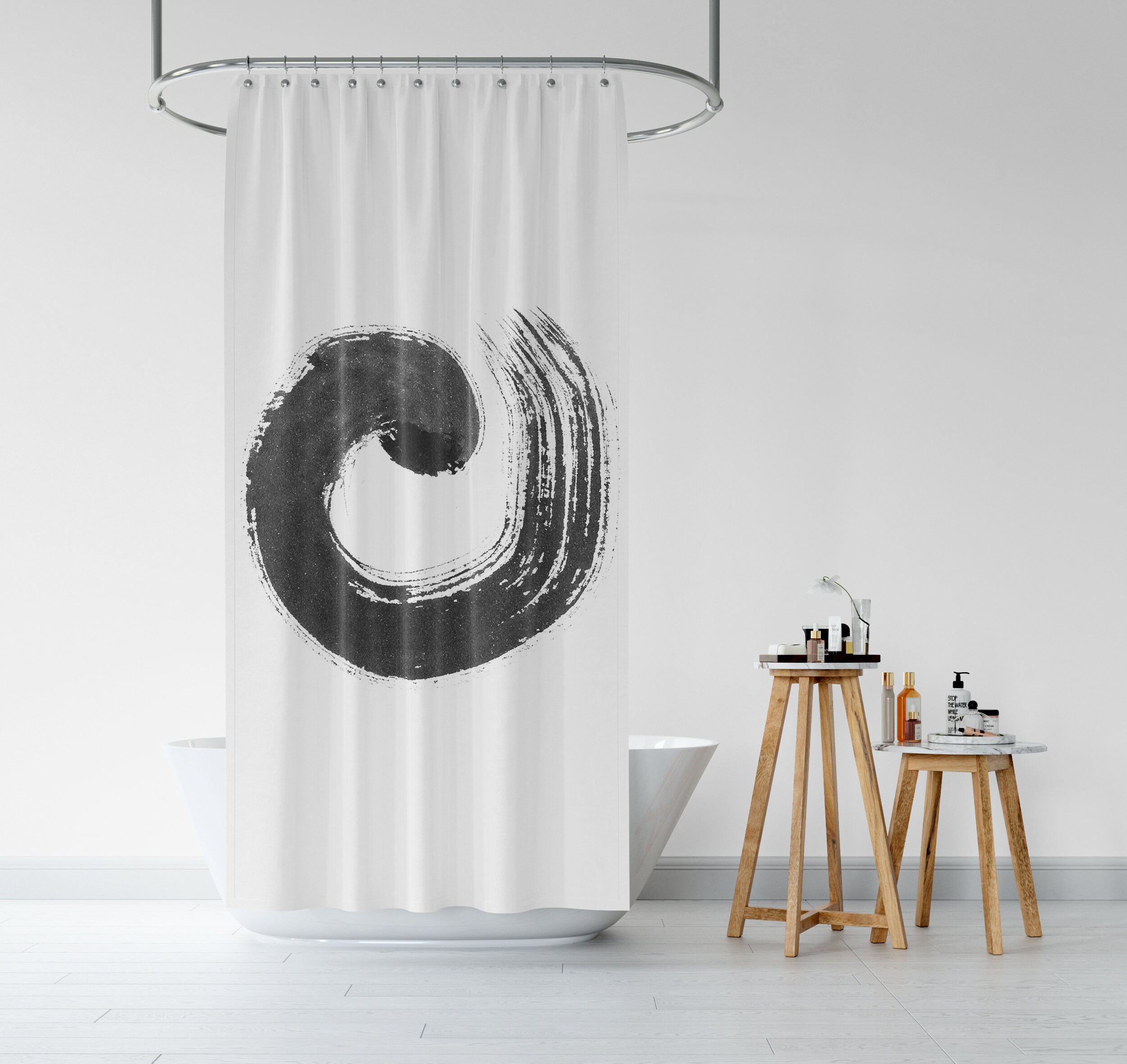 Enso Zen Circle Shower Curtain, Japanese Brushstroke Bath Curtain, Black on White Asian Oriental Boho Eclectic Design - Image 3