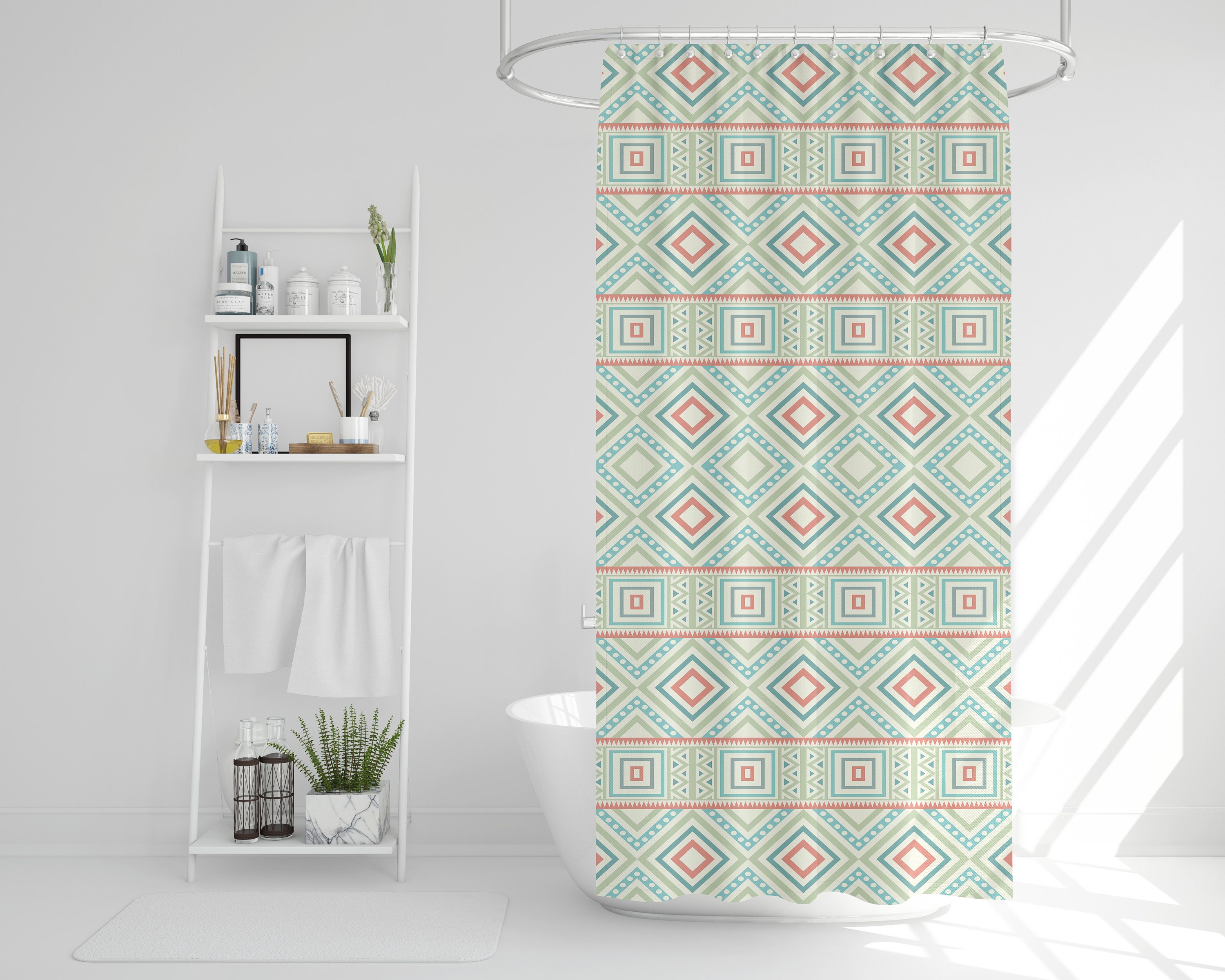 Ethnic Aztec Pattern Shower Curtain, Bohemian Tribal Bath Decor, Boho Bathroom Curtain, Eclectic Home Linens