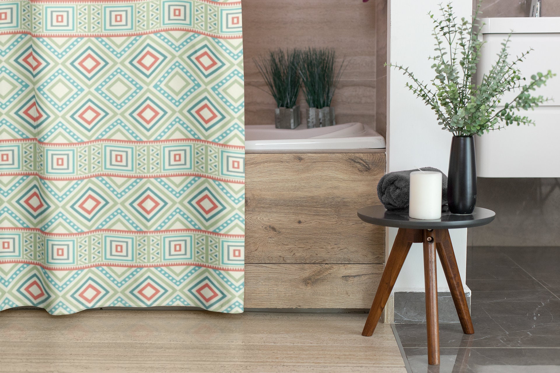 Ethnic Aztec Pattern Shower Curtain, Bohemian Tribal Bath Decor, Boho Bathroom Curtain, Eclectic Home Linens - Image 2