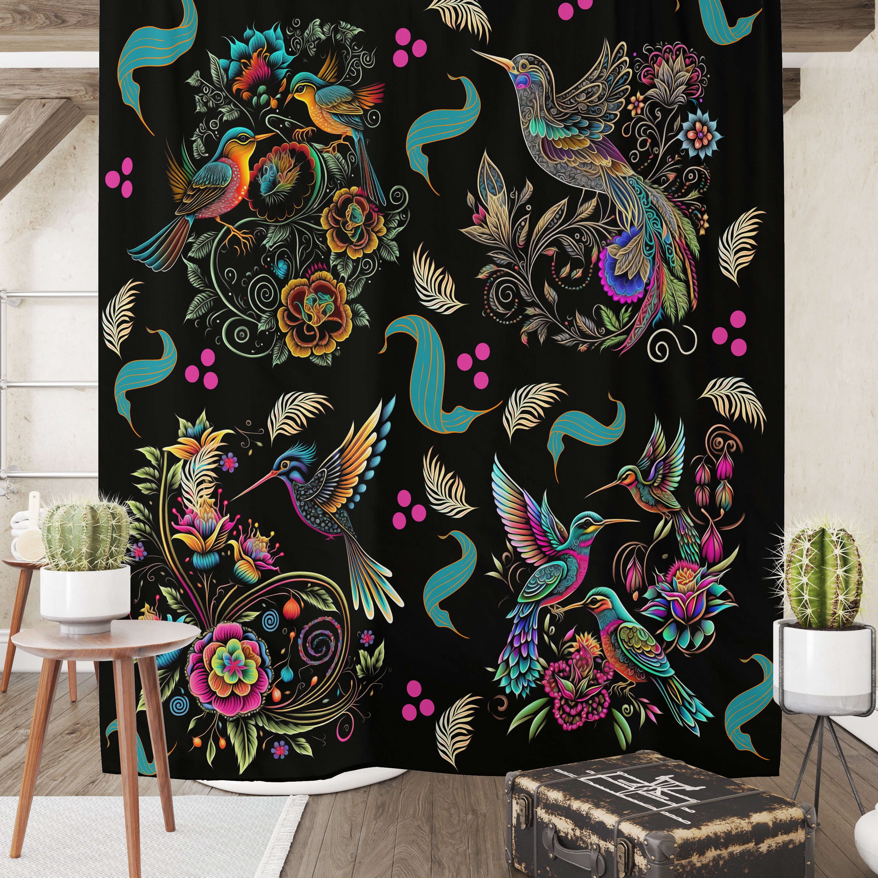 Exotic Birds Shower Curtain with Matching Towels and Mat