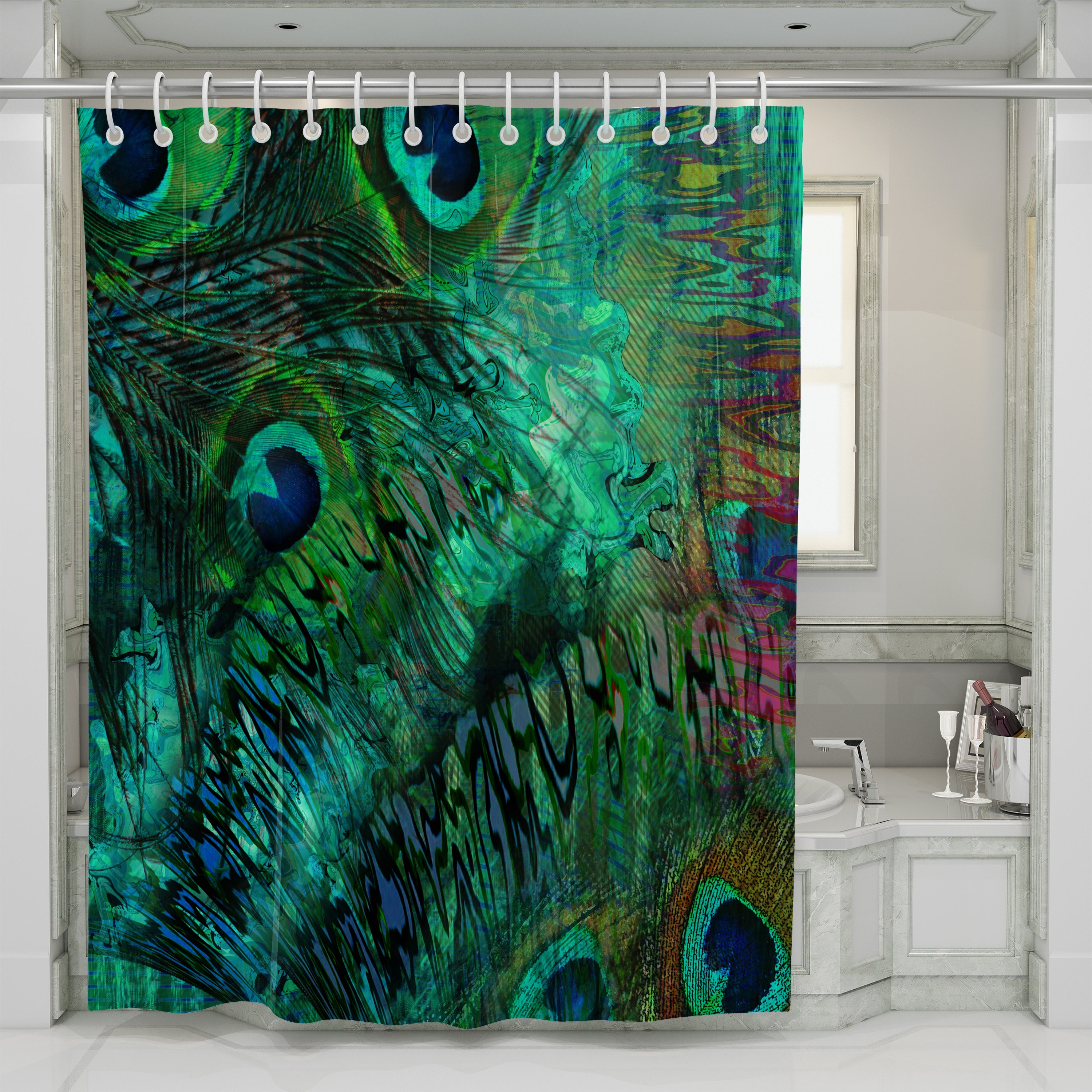 Exotic Peacock Feather Abstract Shower Curtain with Elegant and Eclectic Design