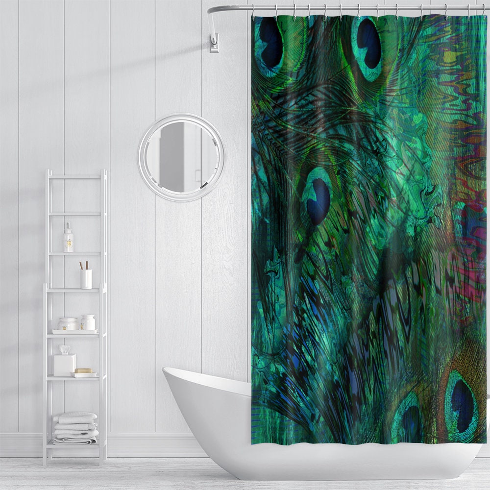 Exotic Peacock Feather Abstract Shower Curtain with Elegant and Eclectic Design - Image 3