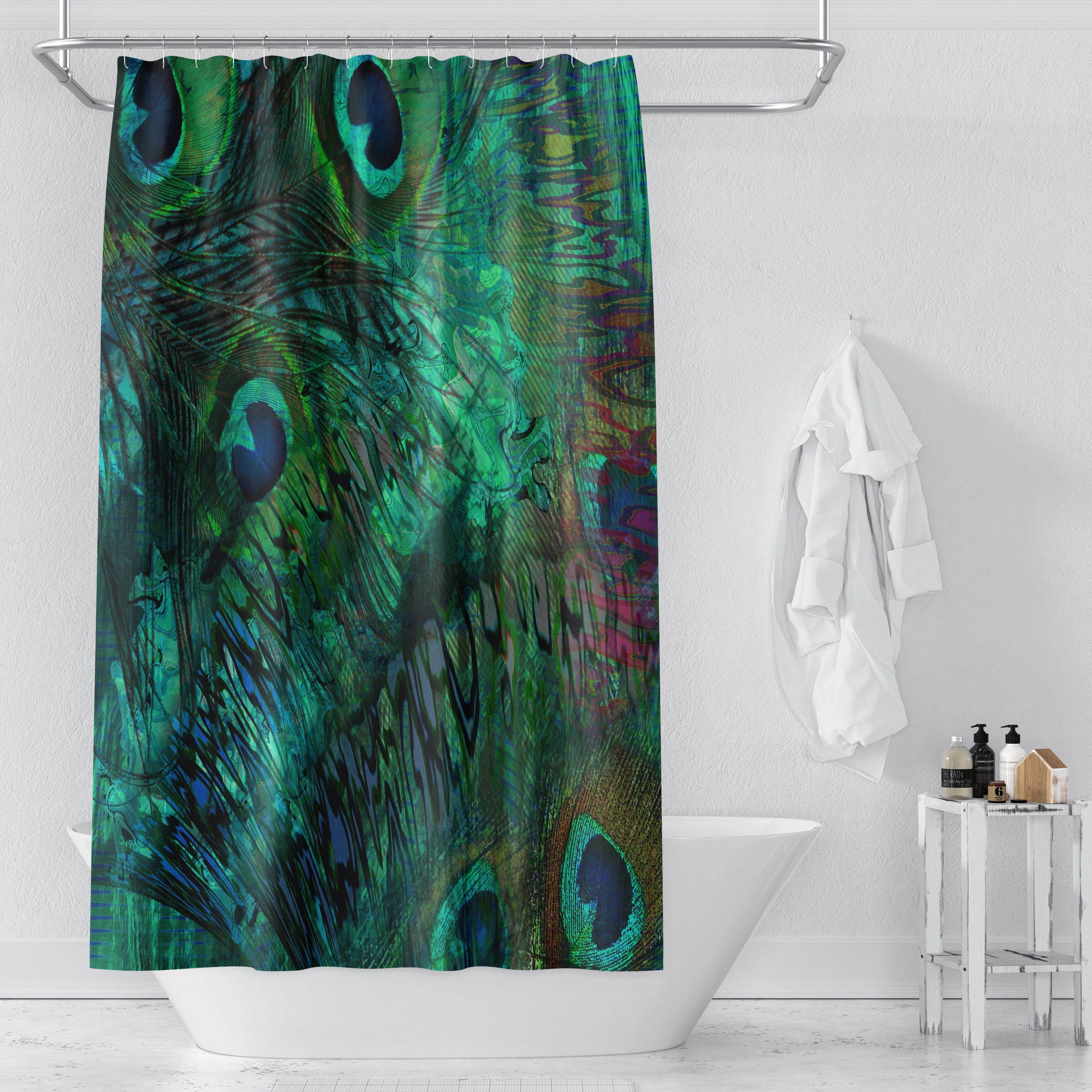 Exotic Peacock Feather Abstract Shower Curtain with Elegant and Eclectic Design - Image 4
