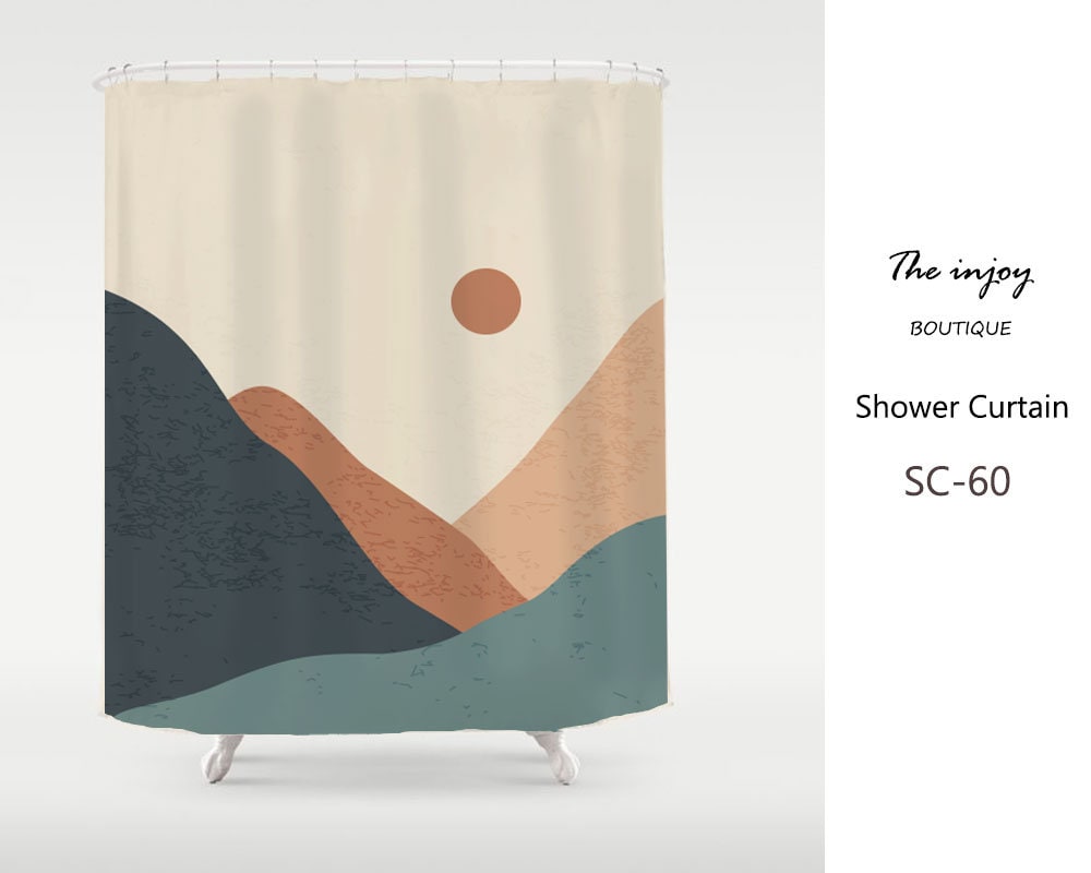 Extra Long High Quality Boho Shower Curtain with Sun & Mountains Landscape Design