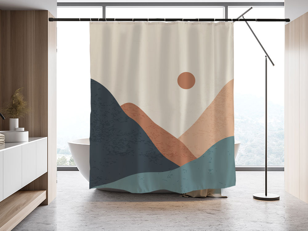 Extra Long High Quality Boho Shower Curtain with Sun & Mountains Landscape Design - Image 2