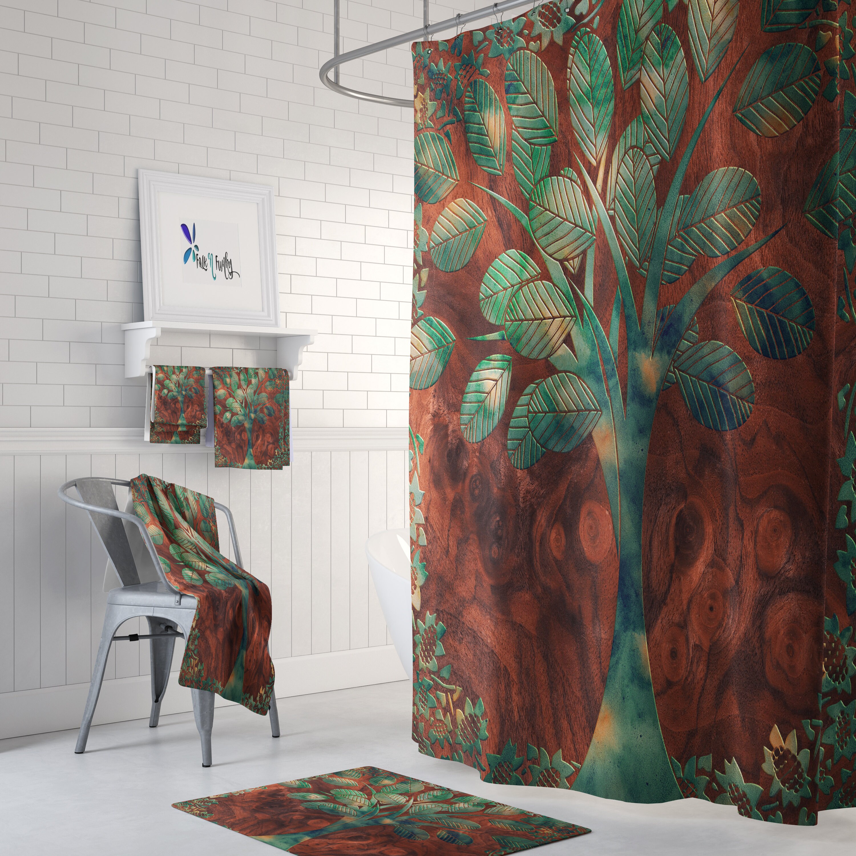Faiths Tree Wood Grain Shower Curtain Set for a Rustic Bathroom