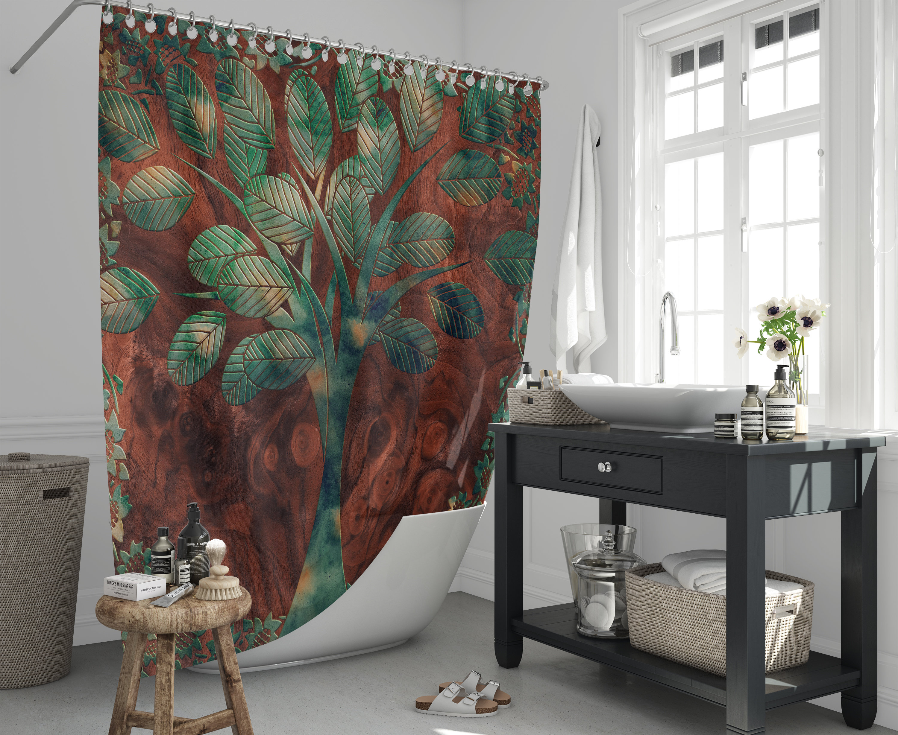Faiths Tree Wood Grain Shower Curtain Set for a Rustic Bathroom - Image 2