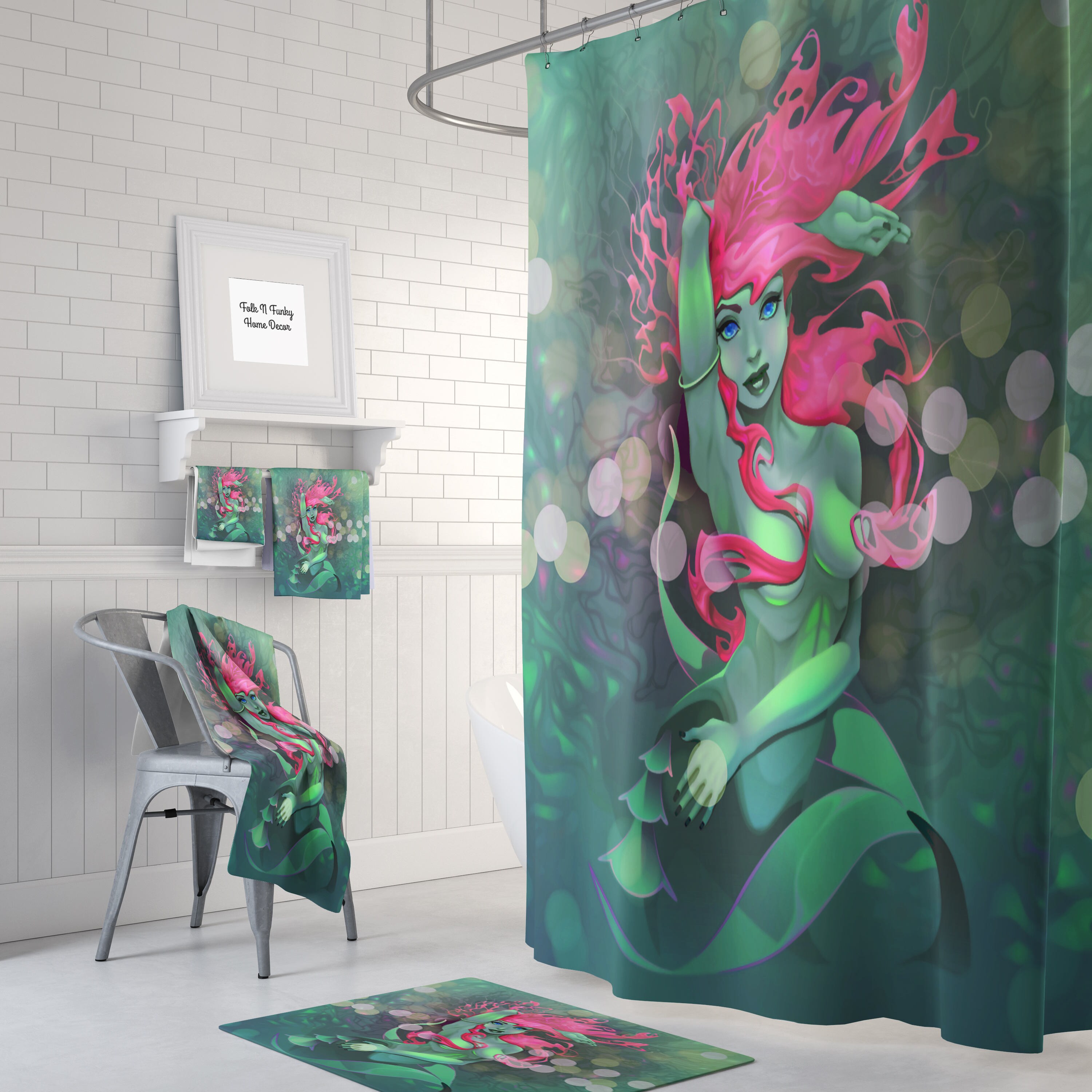Fantasy Pink and Sea Green Mermaid Shower Curtain with Optional Bath Set