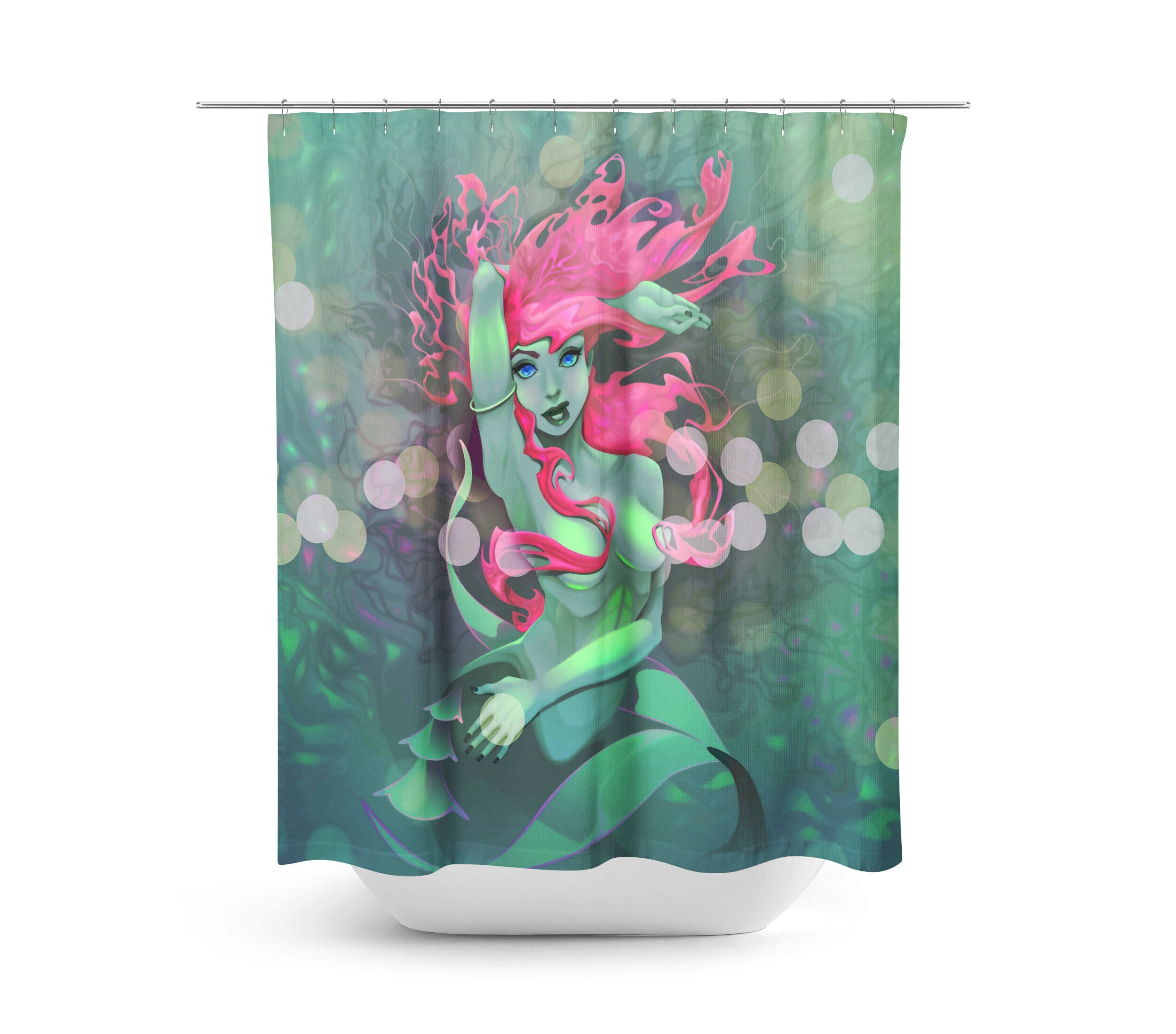 Fantasy Pink and Sea Green Mermaid Shower Curtain with Optional Bath Set - Image 2