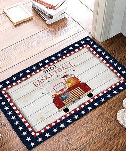 Farm Wood Grain Blue Star Borderations Red Old Truck Shot Basketball Personalized Area Rug for Boys' Room