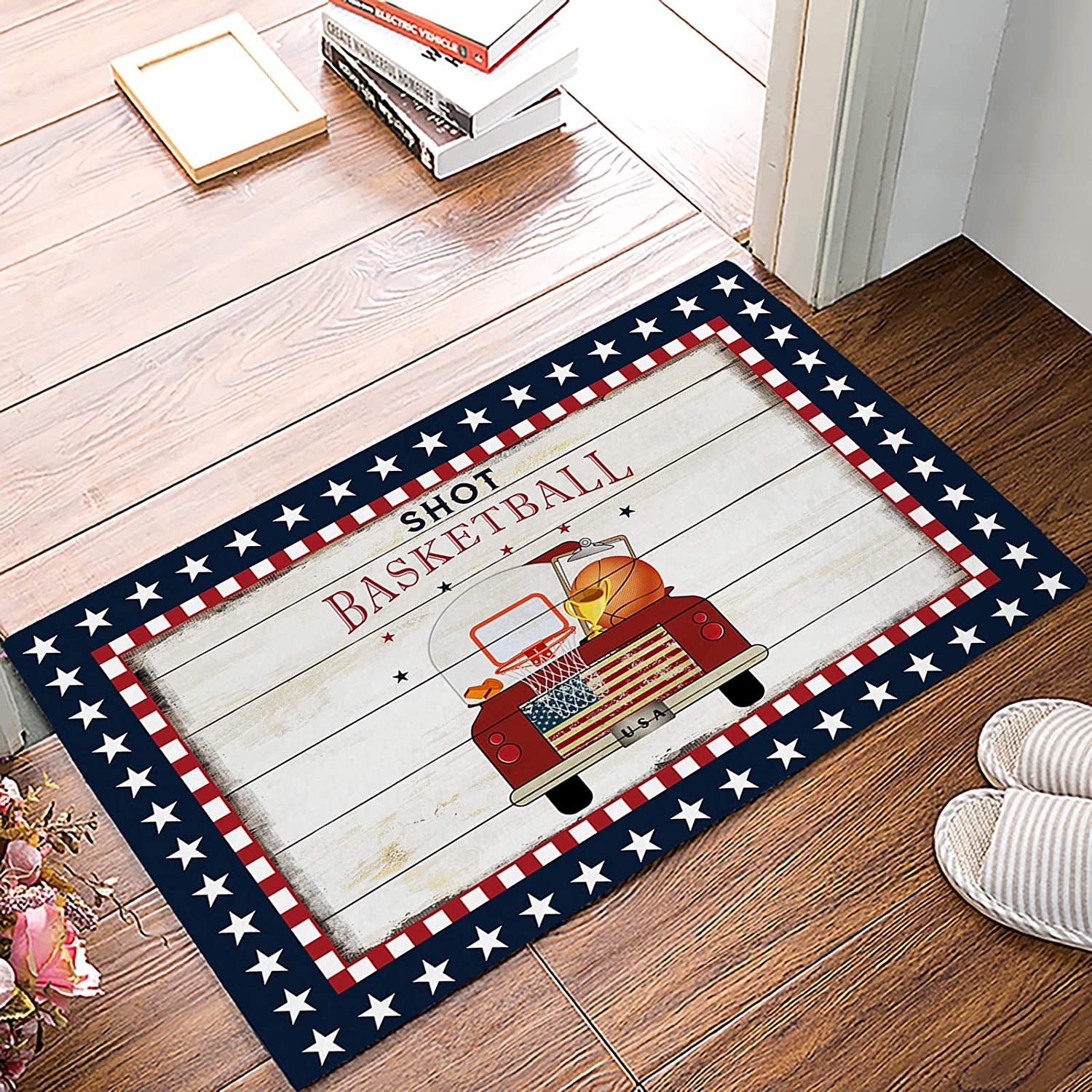 Farm Wood Grain Blue Star Borderations Red Old Truck Shot Basketball Personalized Area Rug for Boys' Room