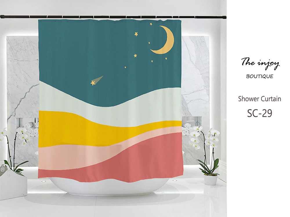 Farmhouse Boho Shower Curtain with Moon & Stars Phases and Customizable Sizes