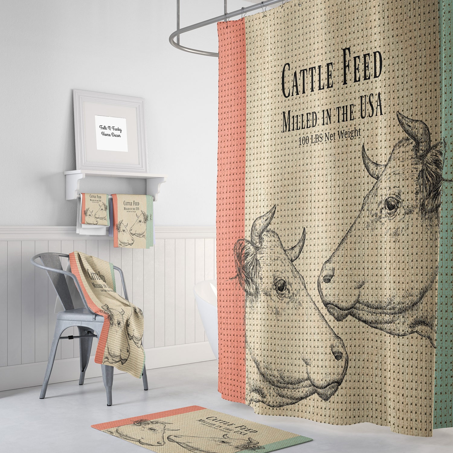 Farmhouse Shower Curtain with Cows, Ultra-Soft Bathtub Curtain with Farmhouse Design Elements