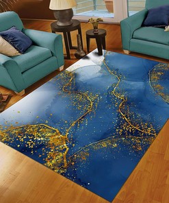 Fashionable 70s Style Brilliant Gold Area Rug with Blue Art Deco for Custom Home Decor