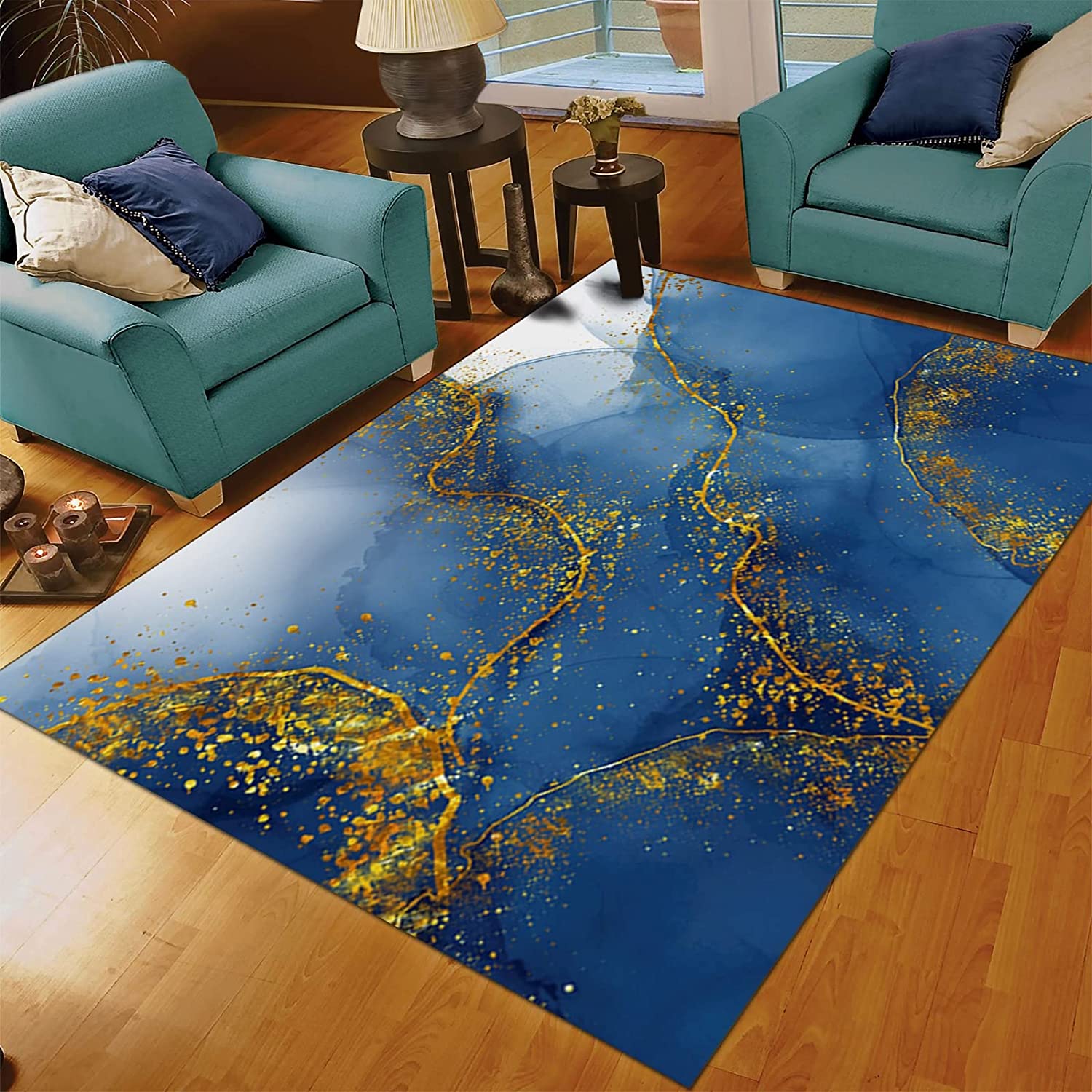 Fashionable 70s Style Brilliant Gold Area Rug with Blue Art Deco for Custom Home Decor