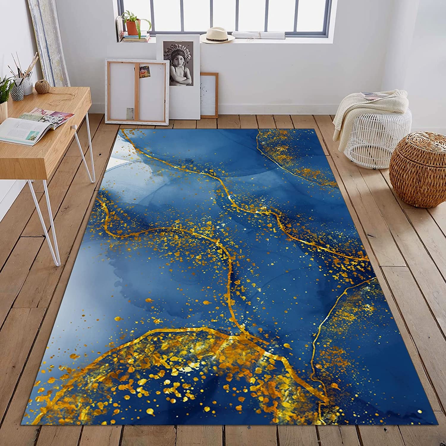 Fashionable 70s Style Brilliant Gold Area Rug with Blue Art Deco for Custom Home Decor - Image 2