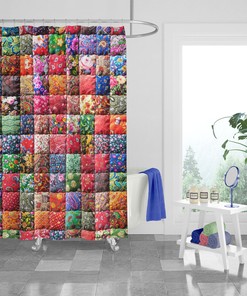 Faux Patchwork Shower Curtain with Optional Towels and Mat for Unique Boho Decor