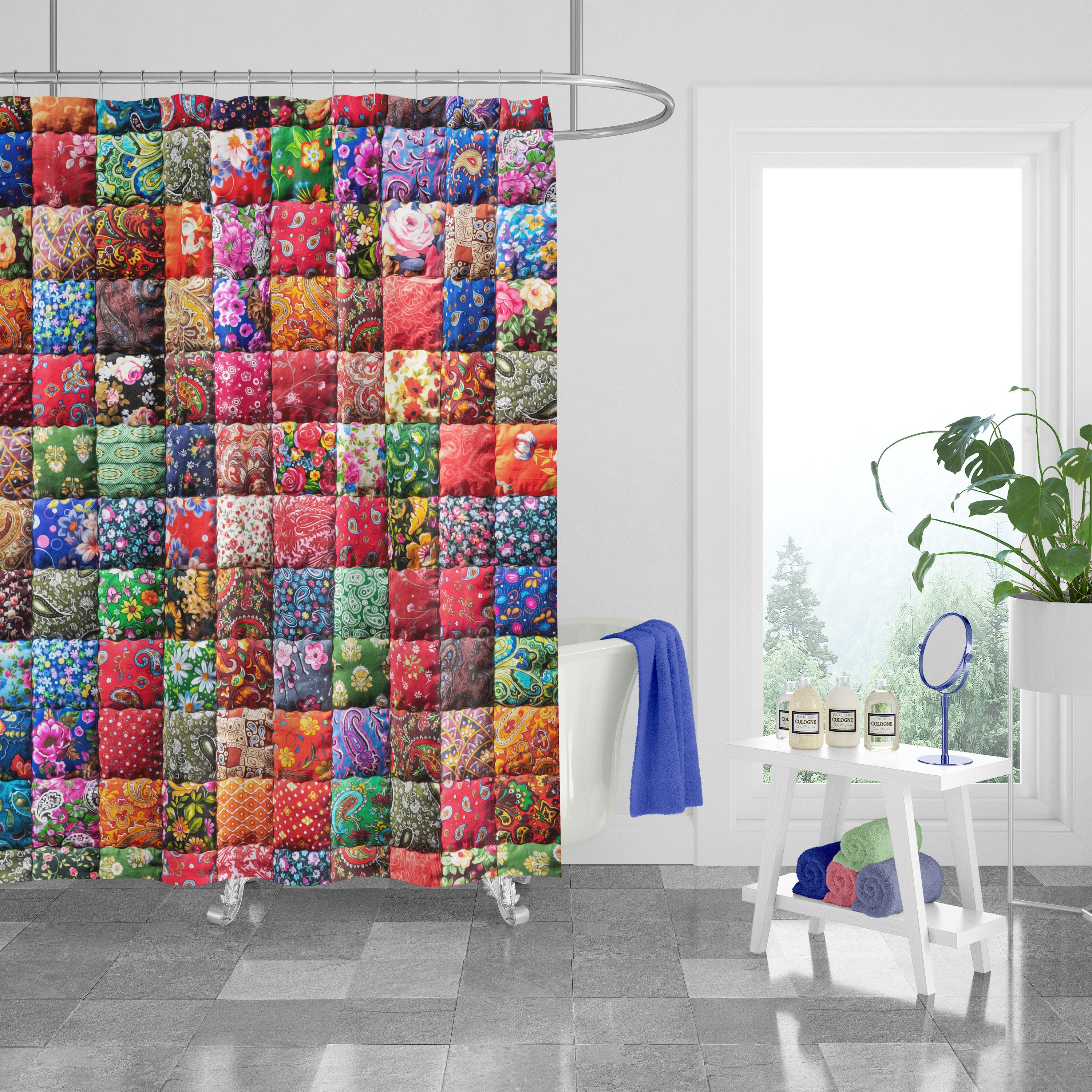 Faux Patchwork Shower Curtain with Optional Towels and Mat for Unique Boho Decor