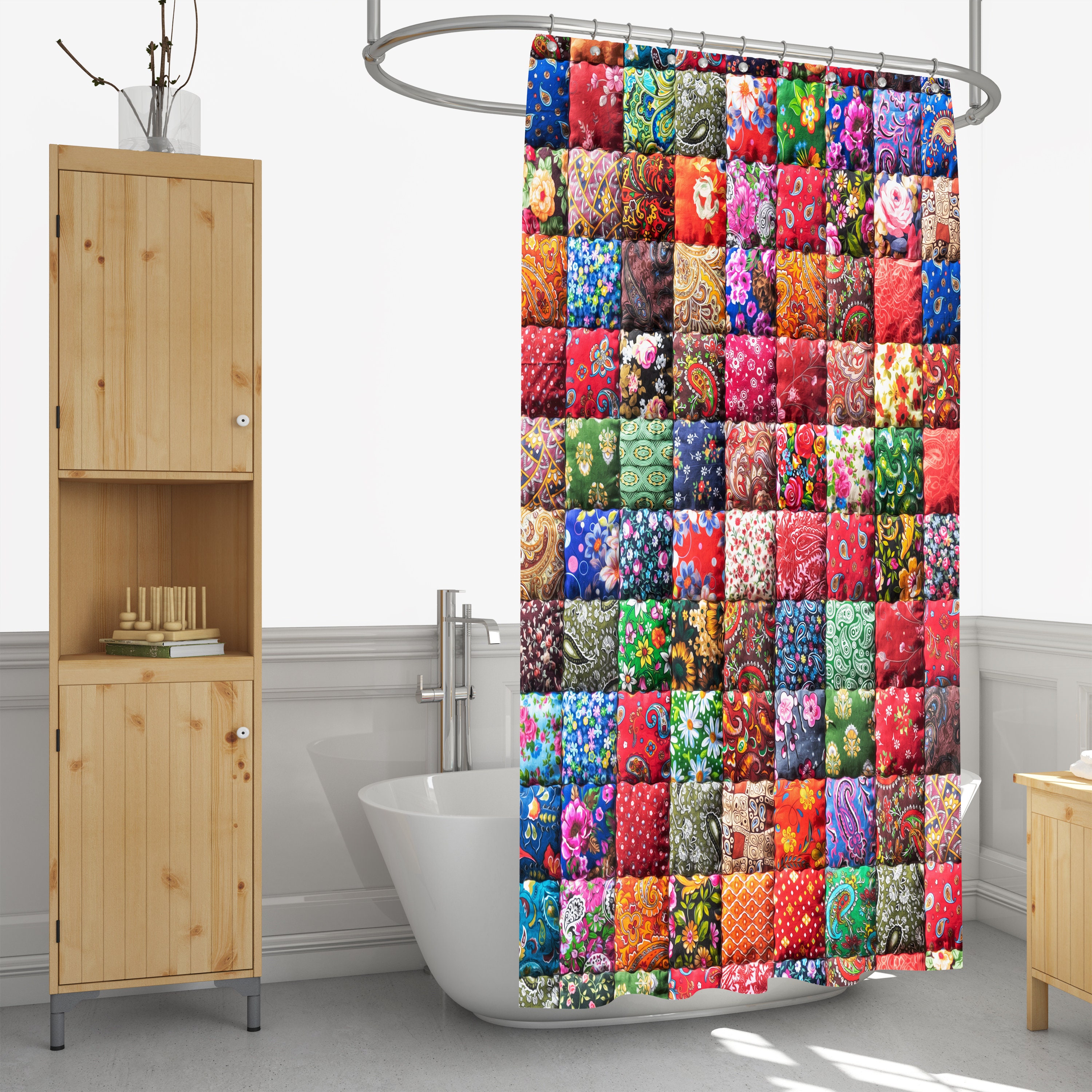 Faux Patchwork Shower Curtain with Optional Towels and Mat for Unique Boho Decor - Image 2