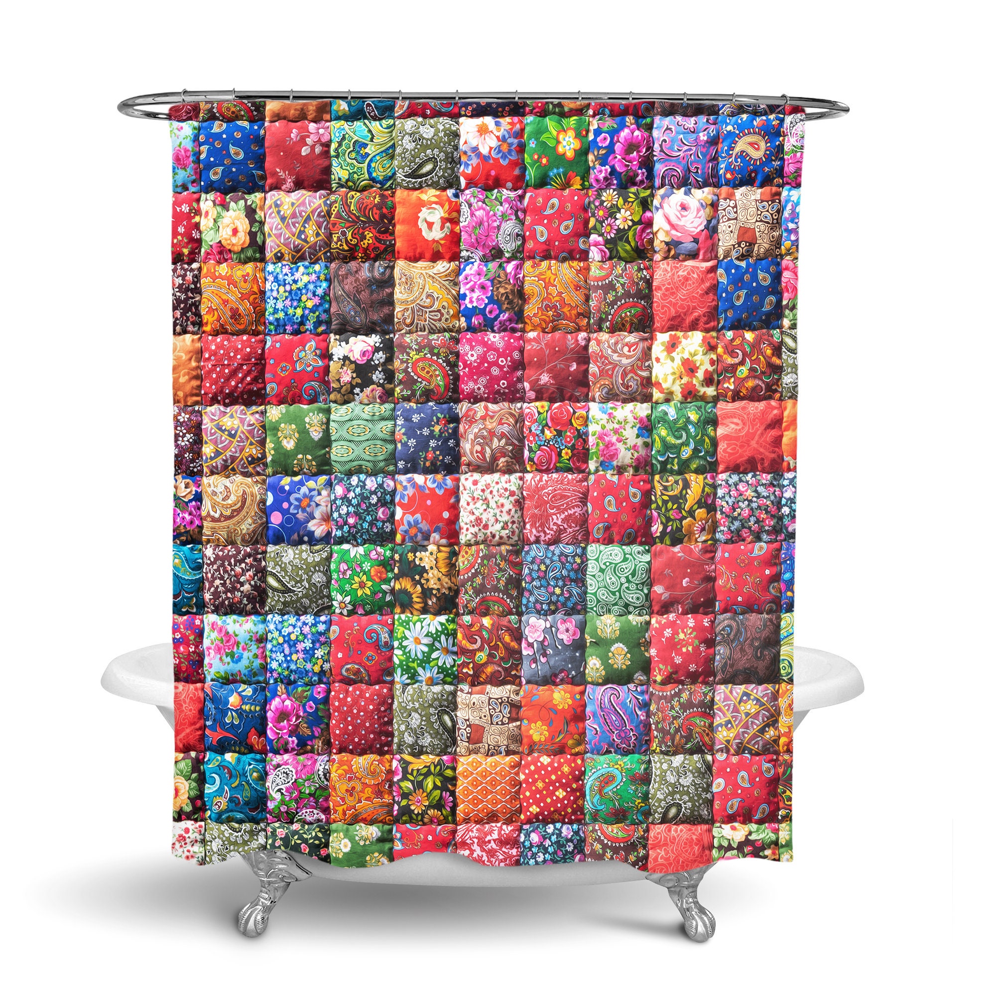 Faux Patchwork Shower Curtain with Optional Towels and Mat for Unique Boho Decor - Image 3