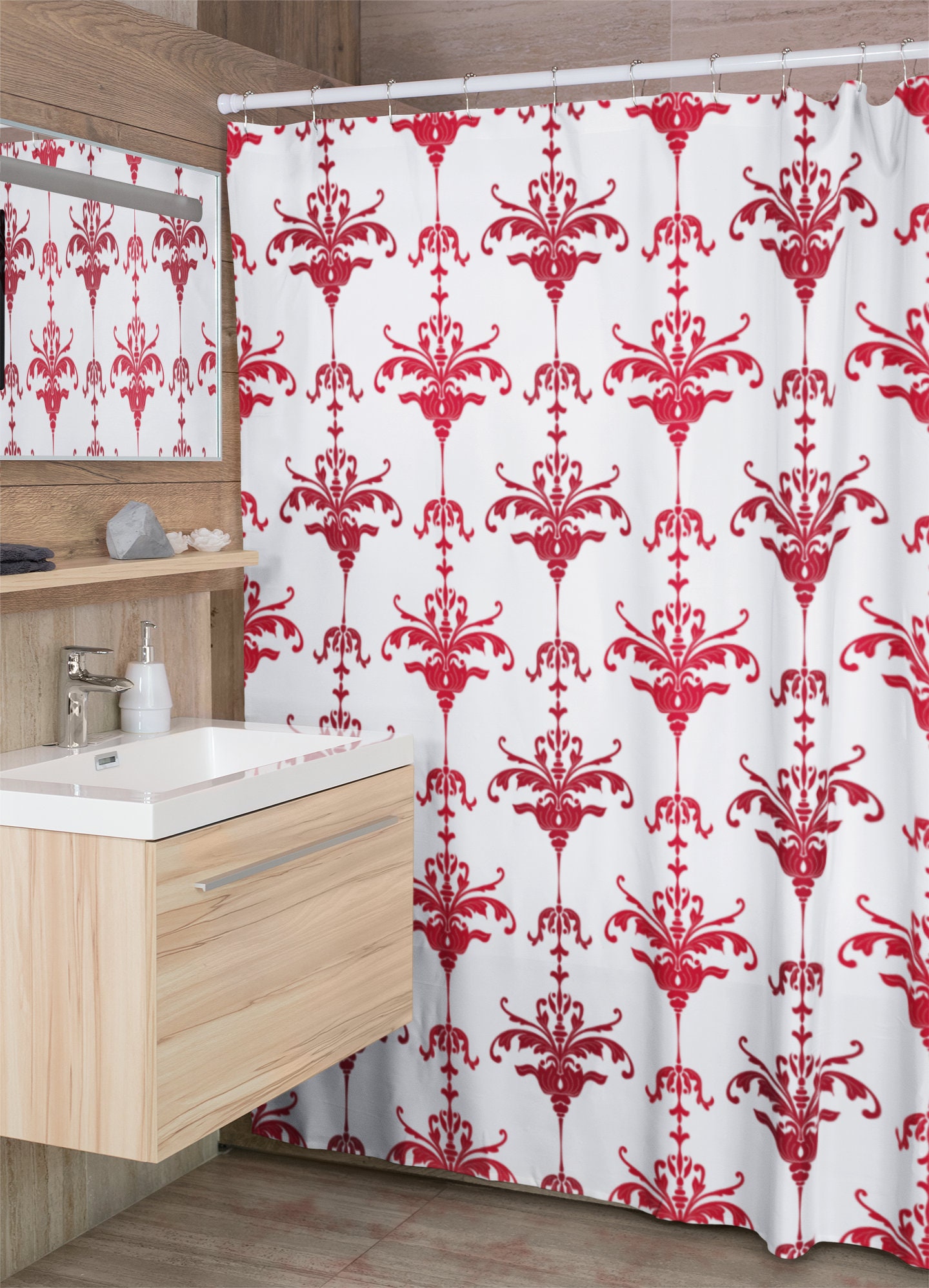 Faux Textured Damask Shower Curtain, Retro Holiday Bathroom Decor, Festive Tub Accessory
