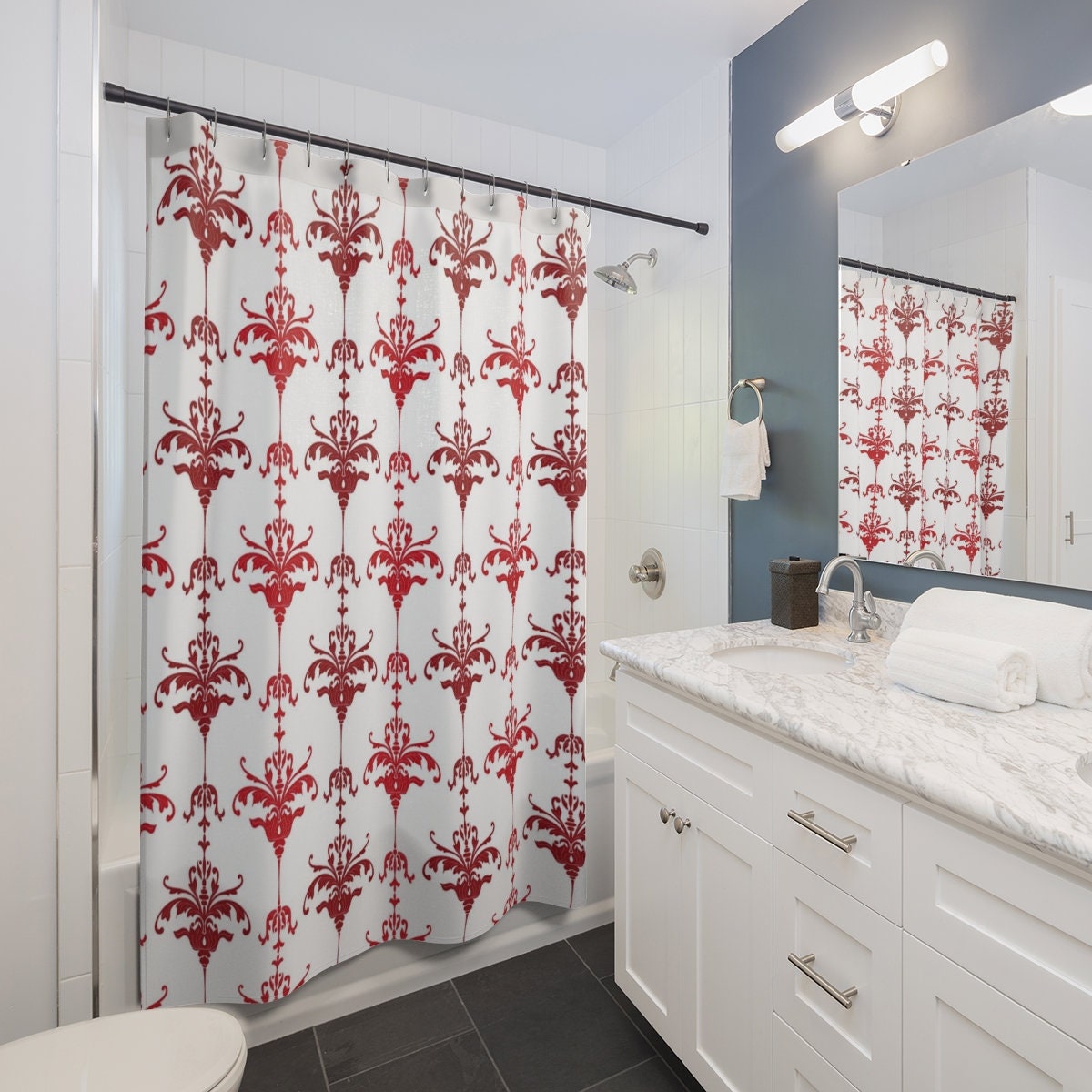 Faux Textured Damask Shower Curtain, Retro Holiday Bathroom Decor, Festive Tub Accessory - Image 3