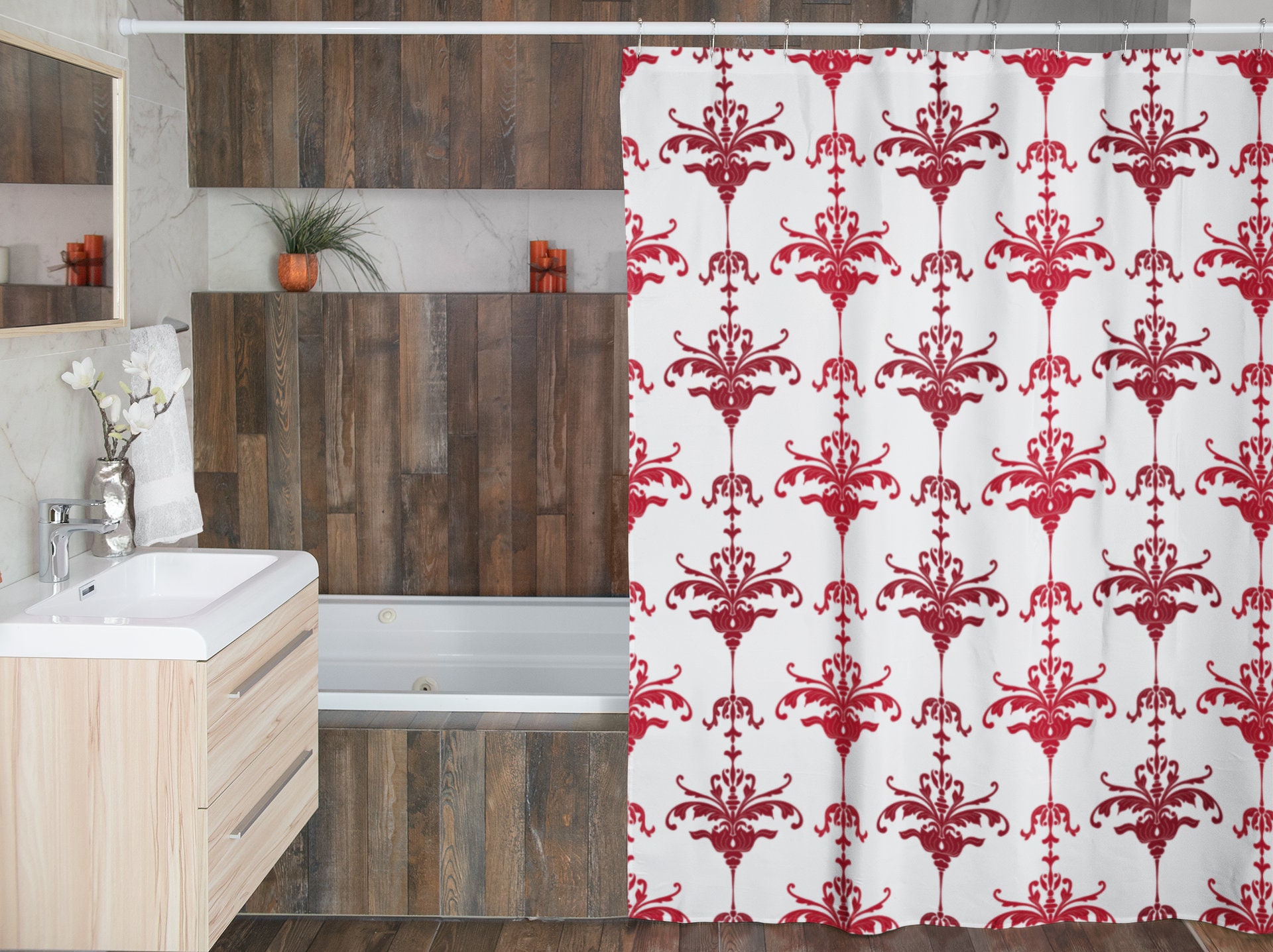 Faux Textured Damask Shower Curtain, Retro Holiday Bathroom Decor, Festive Tub Accessory - Image 4