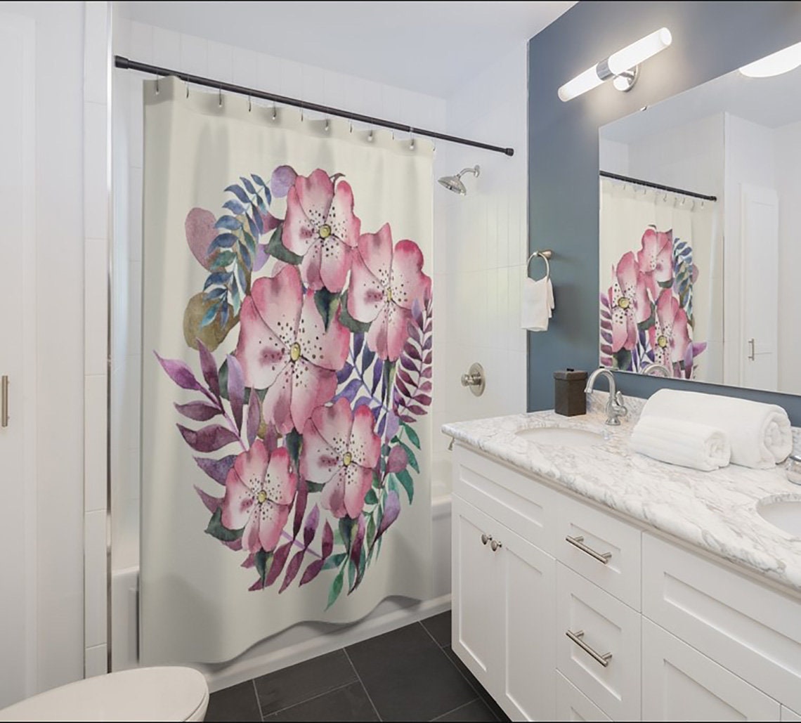 Feather with Wildflowers Boho Shower Curtain, Bath Curtain, Floral, Spring, Bathroom Decoration, Home Decor - Image 2