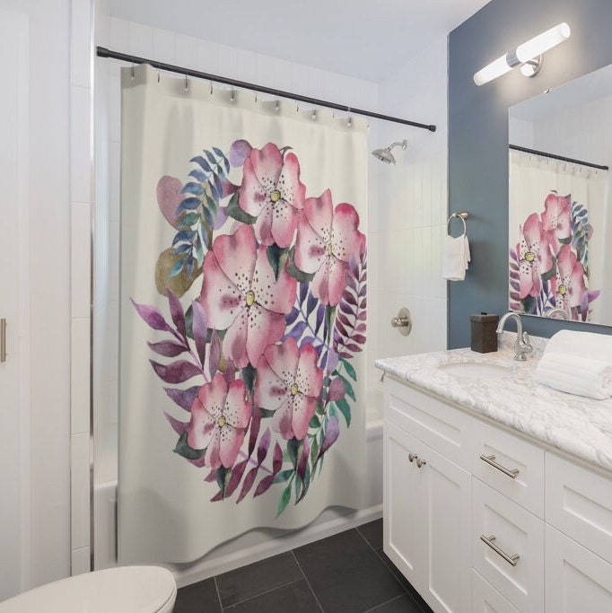 Feather with Wildflowers Boho Shower Curtain, Bath Curtain, Floral, Spring, Bathroom Decoration, Home Decor - Image 3