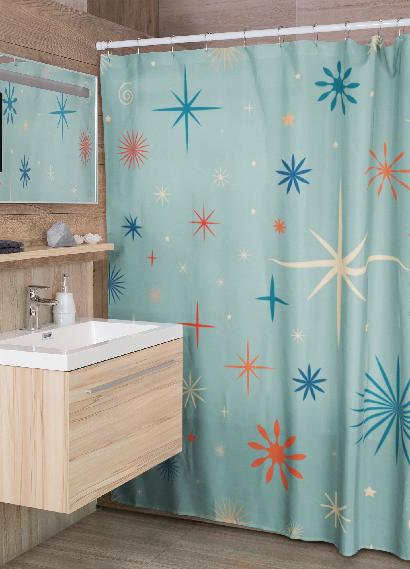 Festive Retro Christmas Shower Curtain, Holiday Bathroom Decor, Retro Tub Accessory