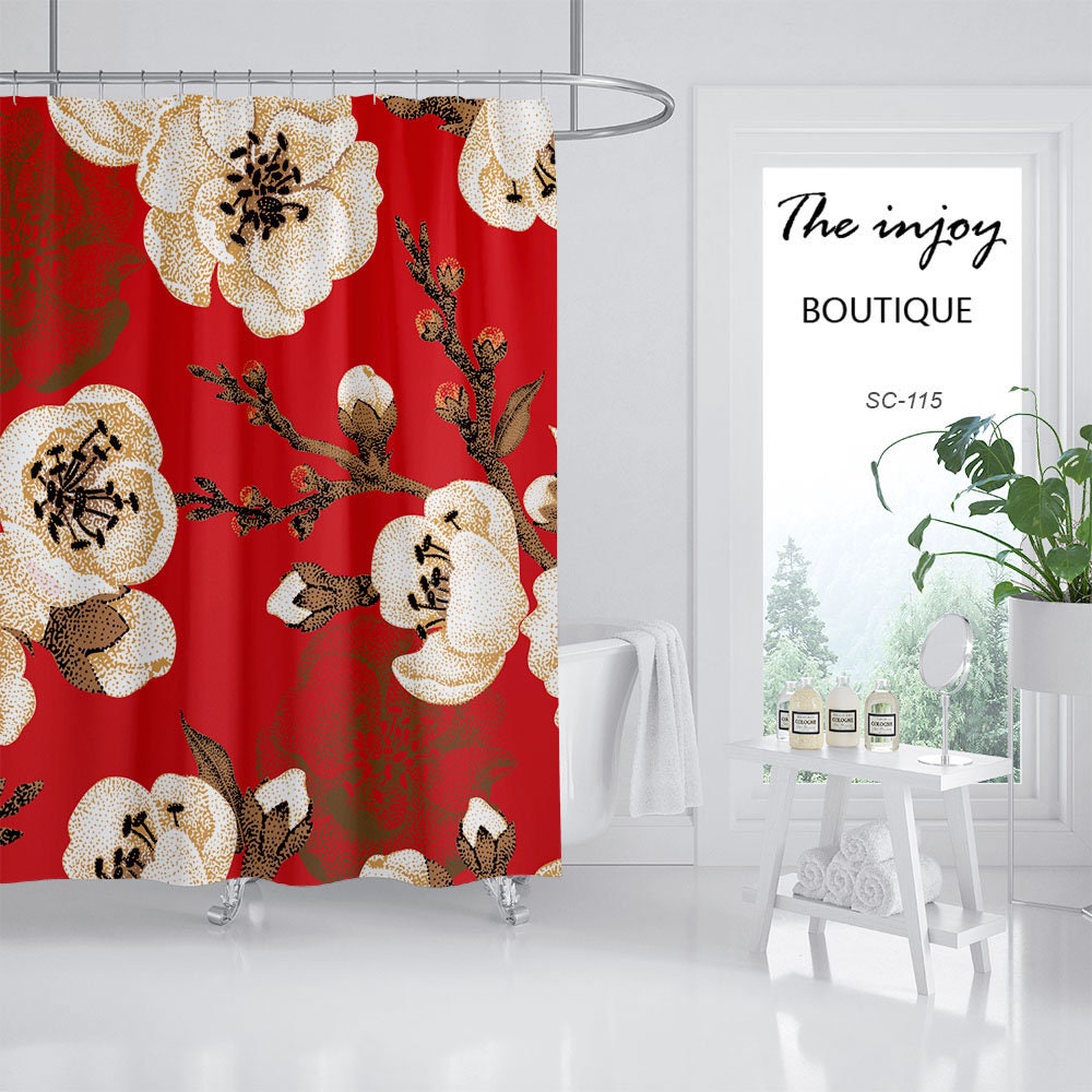 Fire Red Plum Blossoms Shower Curtain, Custom Sizes Waterproof Washable Curtain, Elegant Bathtub Decor - Image 2