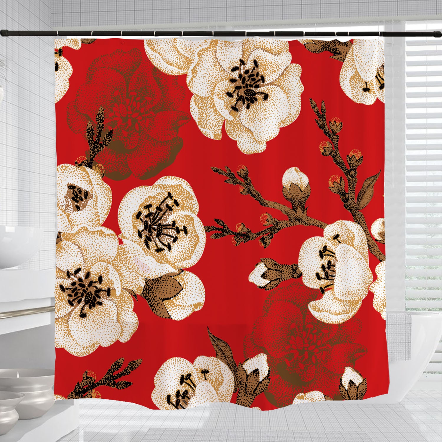 Fire Red Plum Blossoms Shower Curtain, Custom Sizes Waterproof Washable Curtain, Elegant Bathtub Decor - Image 3