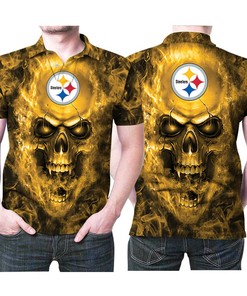 Fire Skull and Pittsburgh Steelers Logo Printed in 3D All Over Print Polo Shirt
