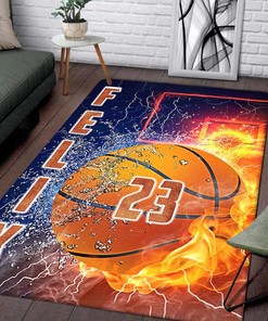 Fire and Water Basketball Rug with Personalized Name - Bathroom Rug for Living Room, Boy's Bedroom or Gym