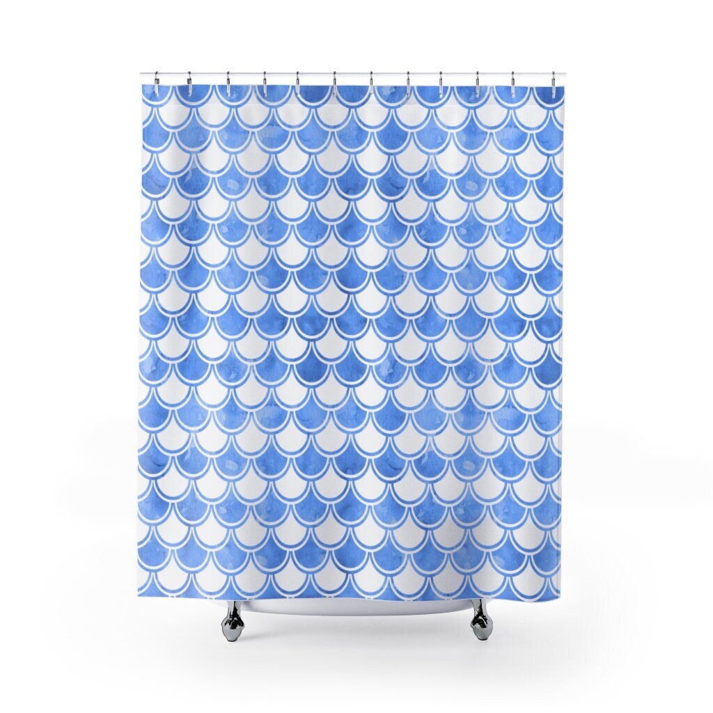 Fish Scales Bath Decor Shower Curtain, Mermaid Inspired Blue and White Bath Curtain, Boho Bathroom Essentials