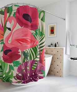 Flamingo 1950's Retro Tropical Birds of Paradise Monstera Hibiscus Shower Curtain with Vintage Appeal