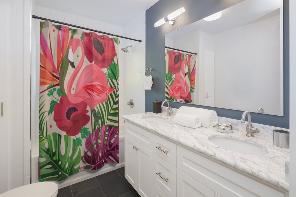 Flamingo 1950's Retro Tropical Birds of Paradise Monstera Hibiscus Shower Curtain with Vintage Appeal - Image 2