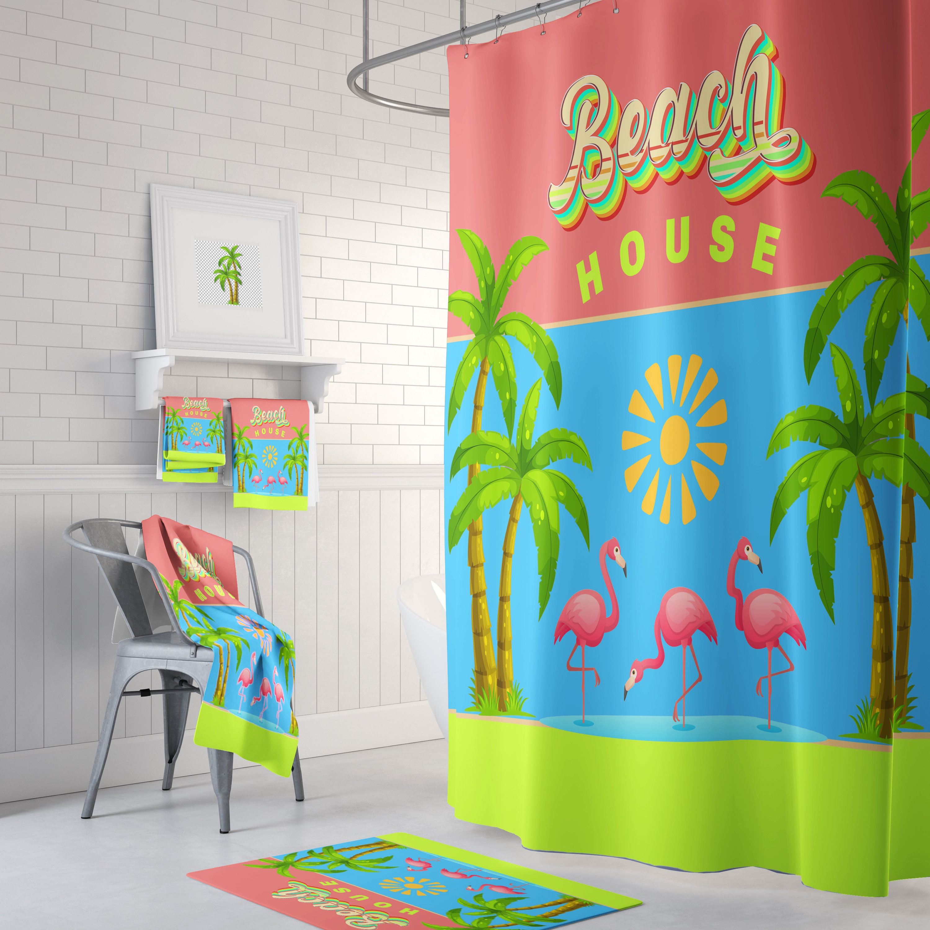 Flamingo Beach House Shower Curtain with Tropical Bath Accessories