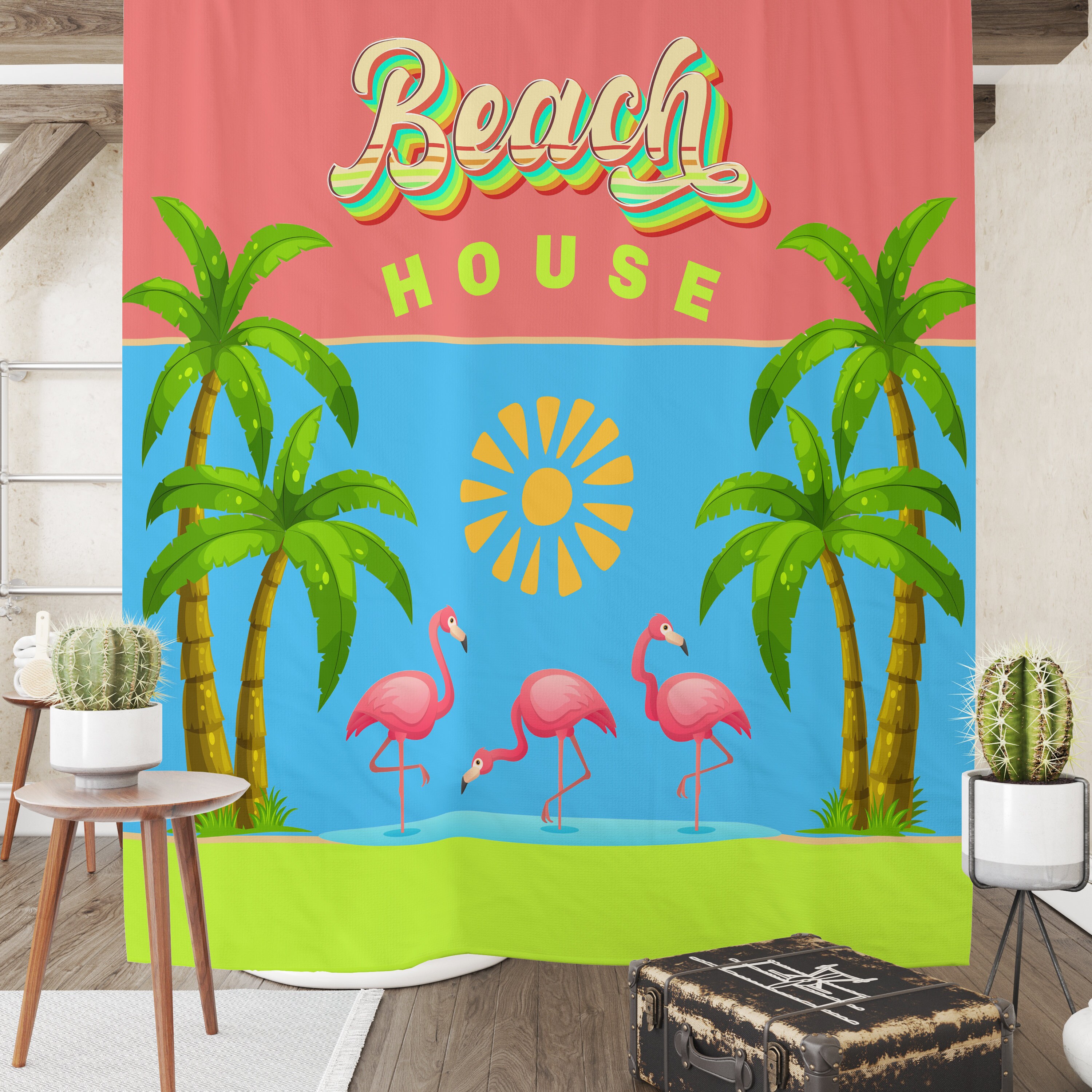 Flamingo Beach House Shower Curtain with Tropical Bath Accessories - Image 2